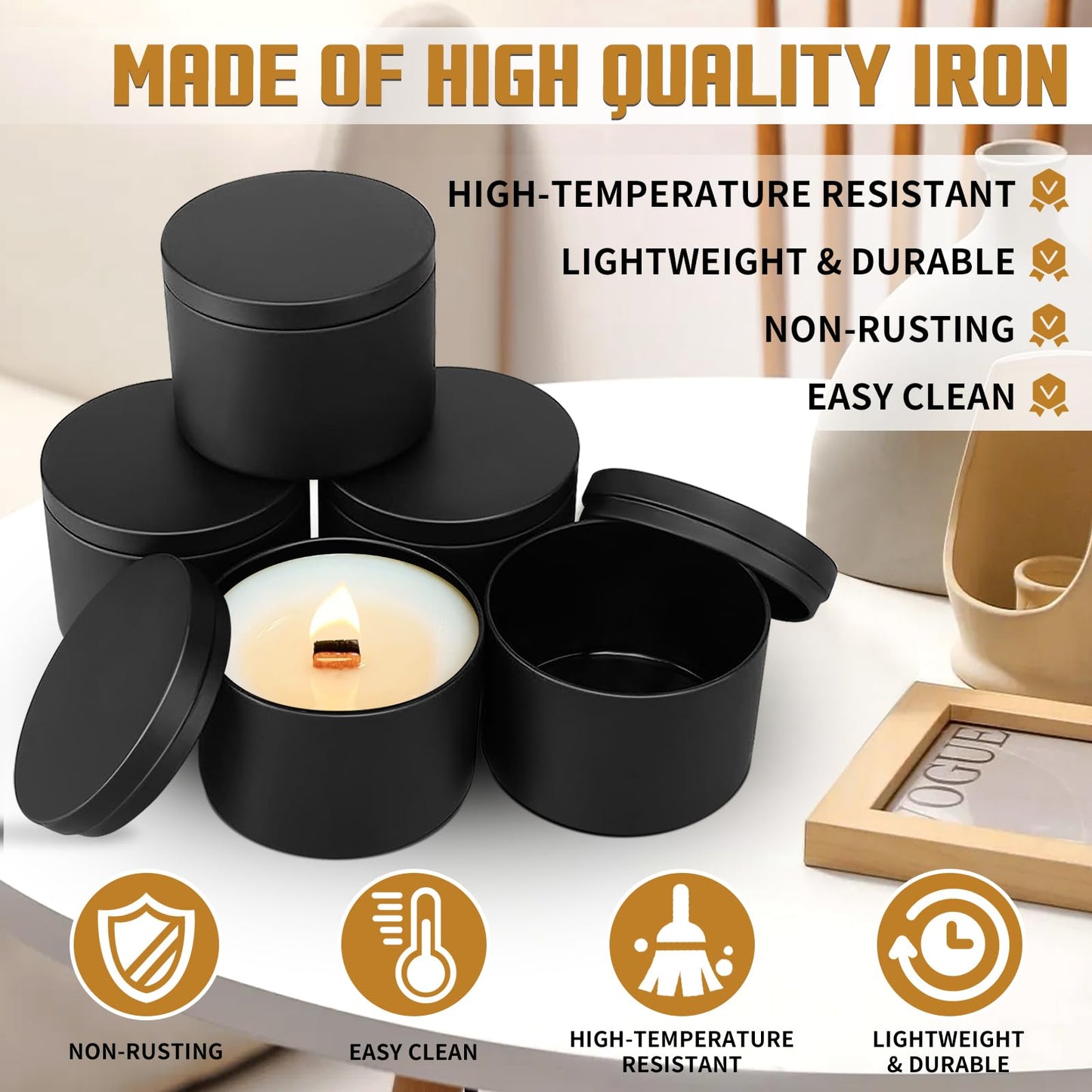 YJHSS 12-Pack Candle Jars, 8oz Candle Tins with Lids, Empty Metal Candle Jars for Making Candles Bulk Candle Containers - Full Black