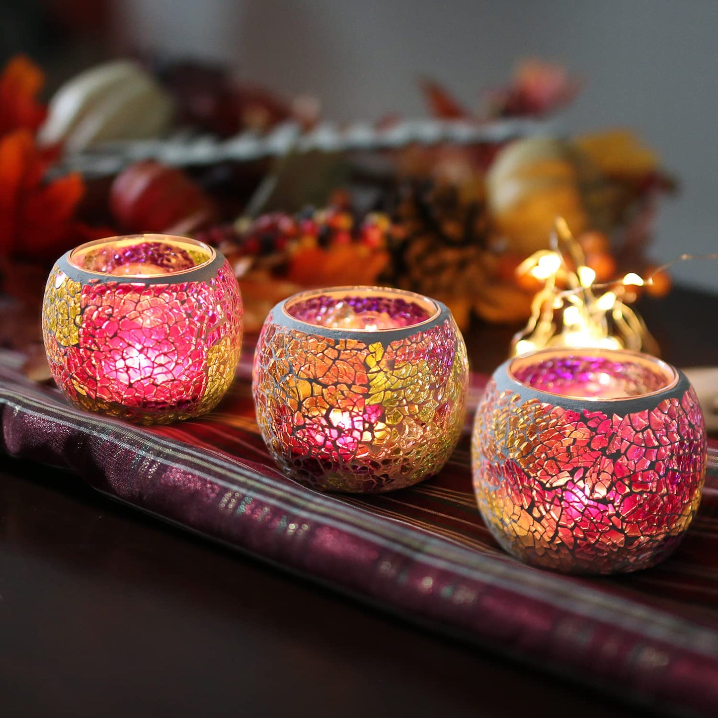Votive Candle Holders for Table Centerpiece (NO Candles) Wedding Dinner by Candlelight,Tea Light Holders Mosaic Candle Holdes Candlescape Bowl for Valentine's,Christmas Party Decor 1 PC(Pink Green)