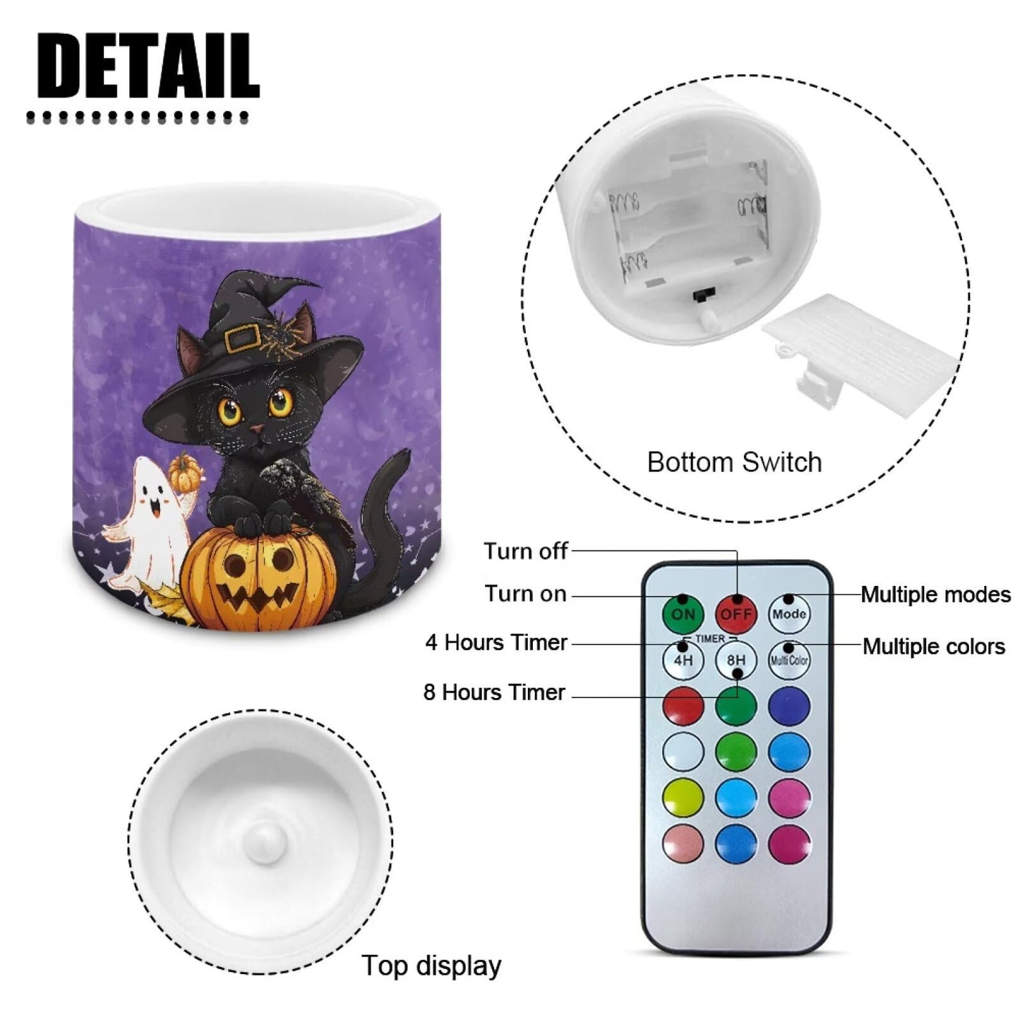 Merkmak Halloween Day Flameless Candles with 18-Key Remote Battery Operated Candles with Timer, Ghost Black Cat Pumpkin Print Flickering LED Elictric Pillar Tealights for Party Banquet
