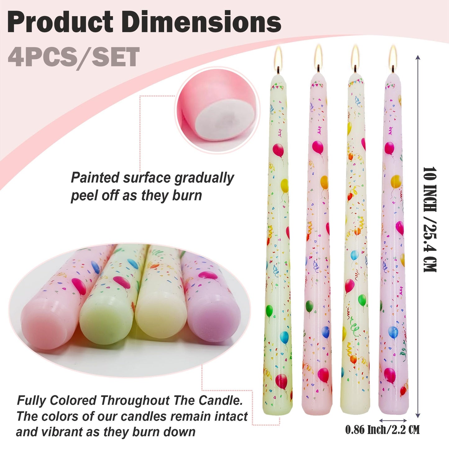 FYBW 10 Inch Decorative Taper Candles, 4 Pack Birthday Balloon Print Candlesticks, Unscented Dripless Candles with Long Burn Time for Party, Holiday Table & Home Decor