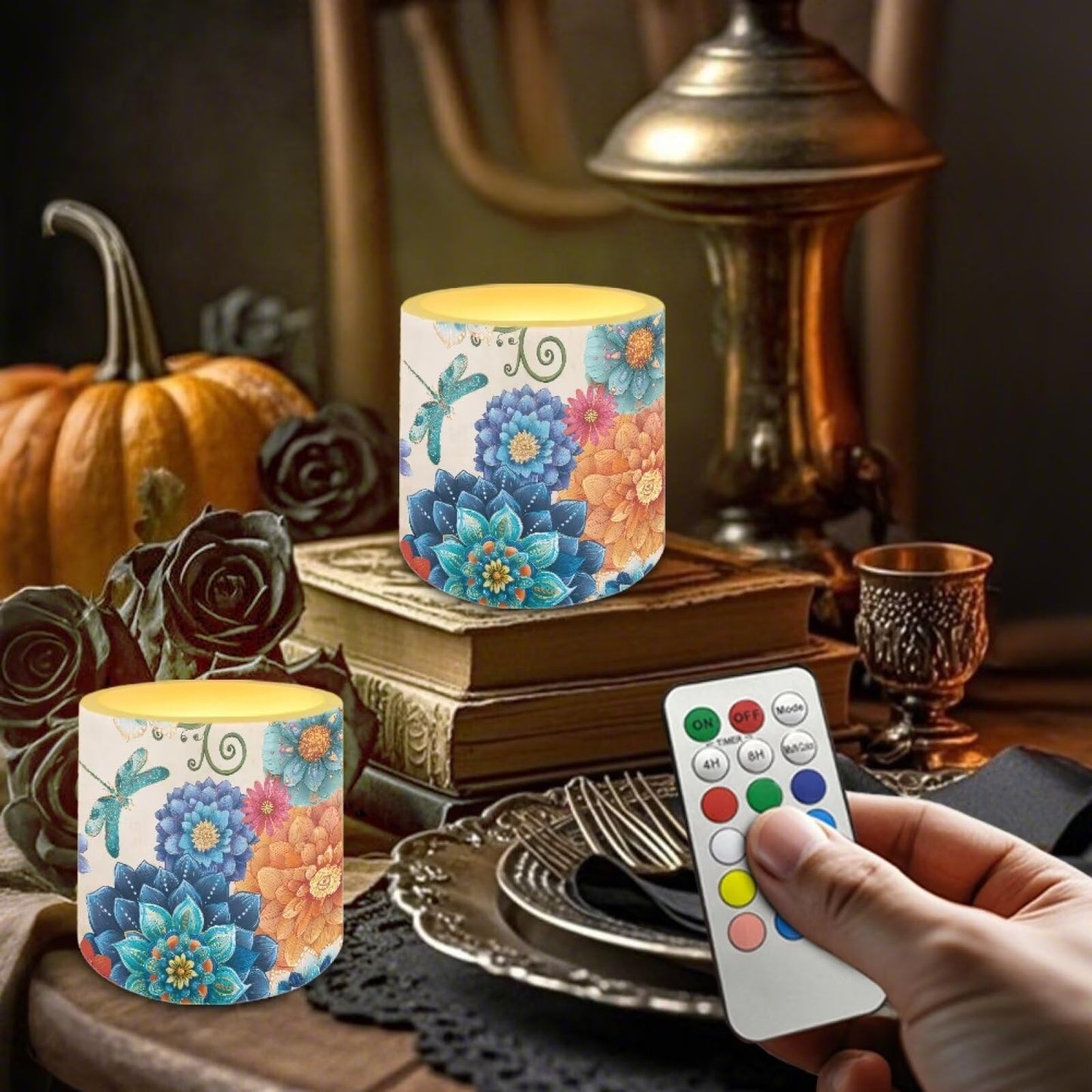 Cozeyat Boho Mandala Floral LED Candles Set of 4 Battery Powered Flameless with Remote Timer Flickering Flame Waterproof for Home Patio Beach Decor