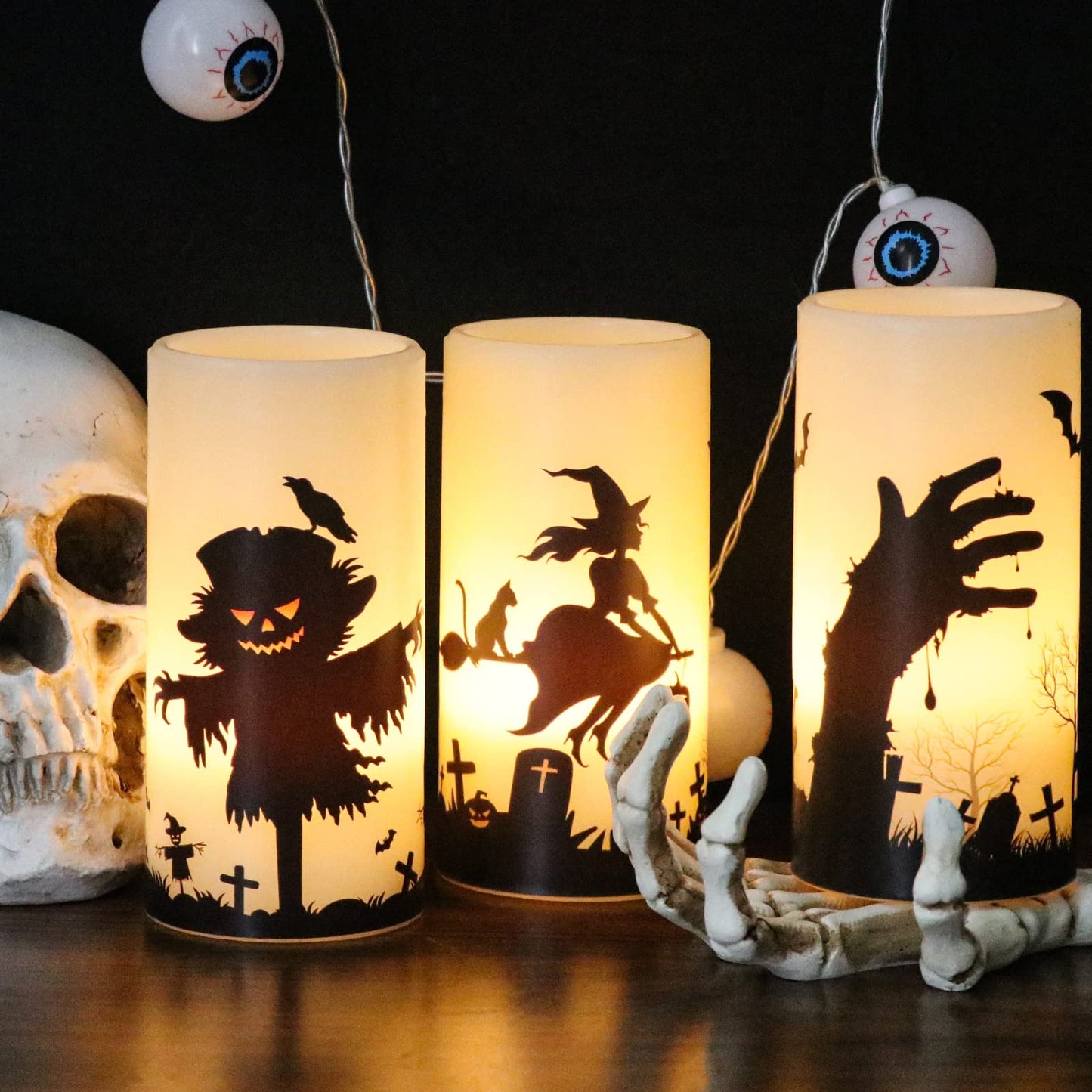 Eldnacele Halloween Flickering Candles Set of 3 Battery Operated Halloween Themed LED Candles Horror Spooky Decoration…