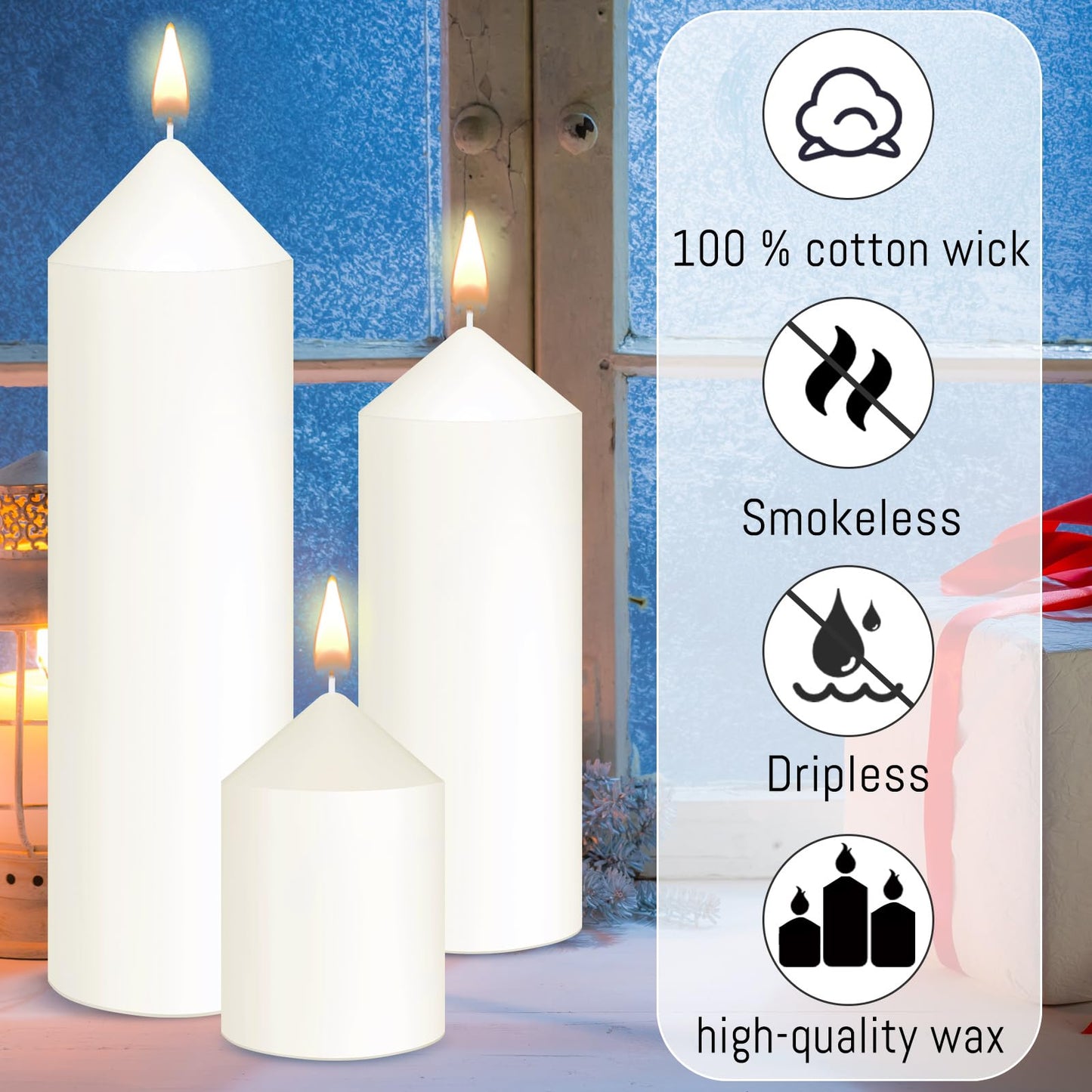 MTLEE 60 Pcs Set of 3 White Pillar Candles Bulk 2 in x 3, 5, 8 Inch Large Clean Smokeless Unscented Candles for Wedding Home Restaurant Spa Church Lantern Fireplace Ceremony Party Decoration
