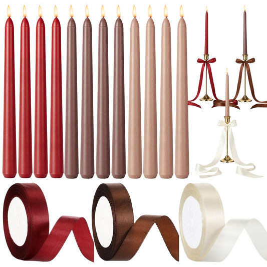 12 Pcs Dark Red and Brown Taper Candles with 3 Roll Ribbon 10 Inch Candle, Candlestick Decor for Vintage Baby Shower, Home, Thanksgiving, Wedding, Summer, Fall, Dinner Boho Wine Night Party Decor