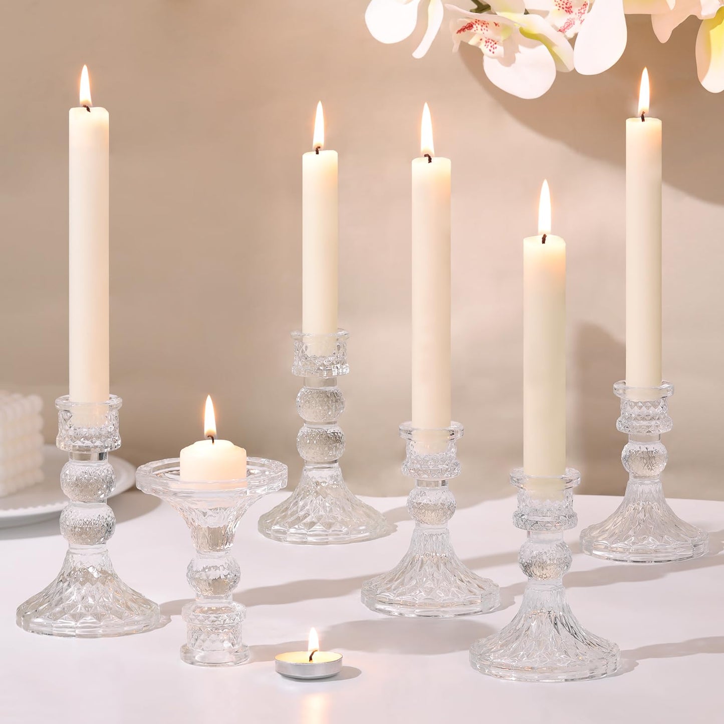 DARJEN Clear Glass Candlestick Holders Set of 6, 4" H & 5" H Taper Candle Holders for Candlesticks & Pillar Candles, Diamond Candle Holders for Wedding Party Table Centerpiece, Home Decor