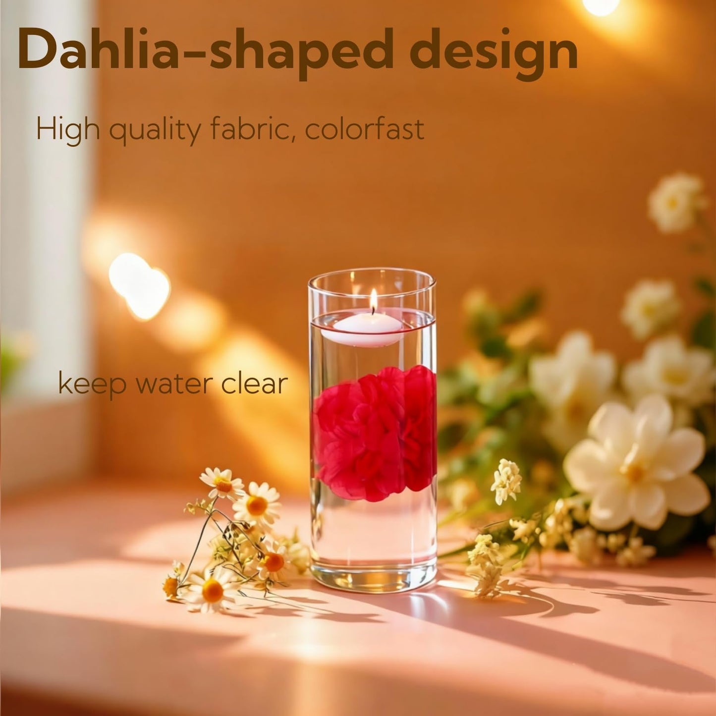 UDU 24 Pcs Floating Candles for Centerpieces and Floating Flowers for Centerpieces Artificial Flower Head for Home Birthday Wedding Party Table Decor Rosered