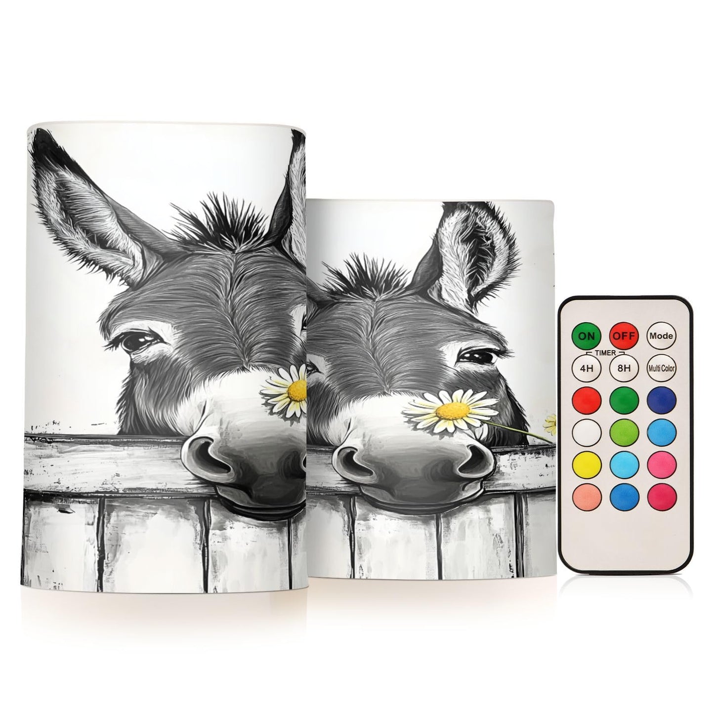 Black White Donkey Flowers Wooden Flickering Flameless Candles LED Battery Operated with Remote Timer Pillar Candles for Home Birthday Wedding Christmas Decor, Set of 2