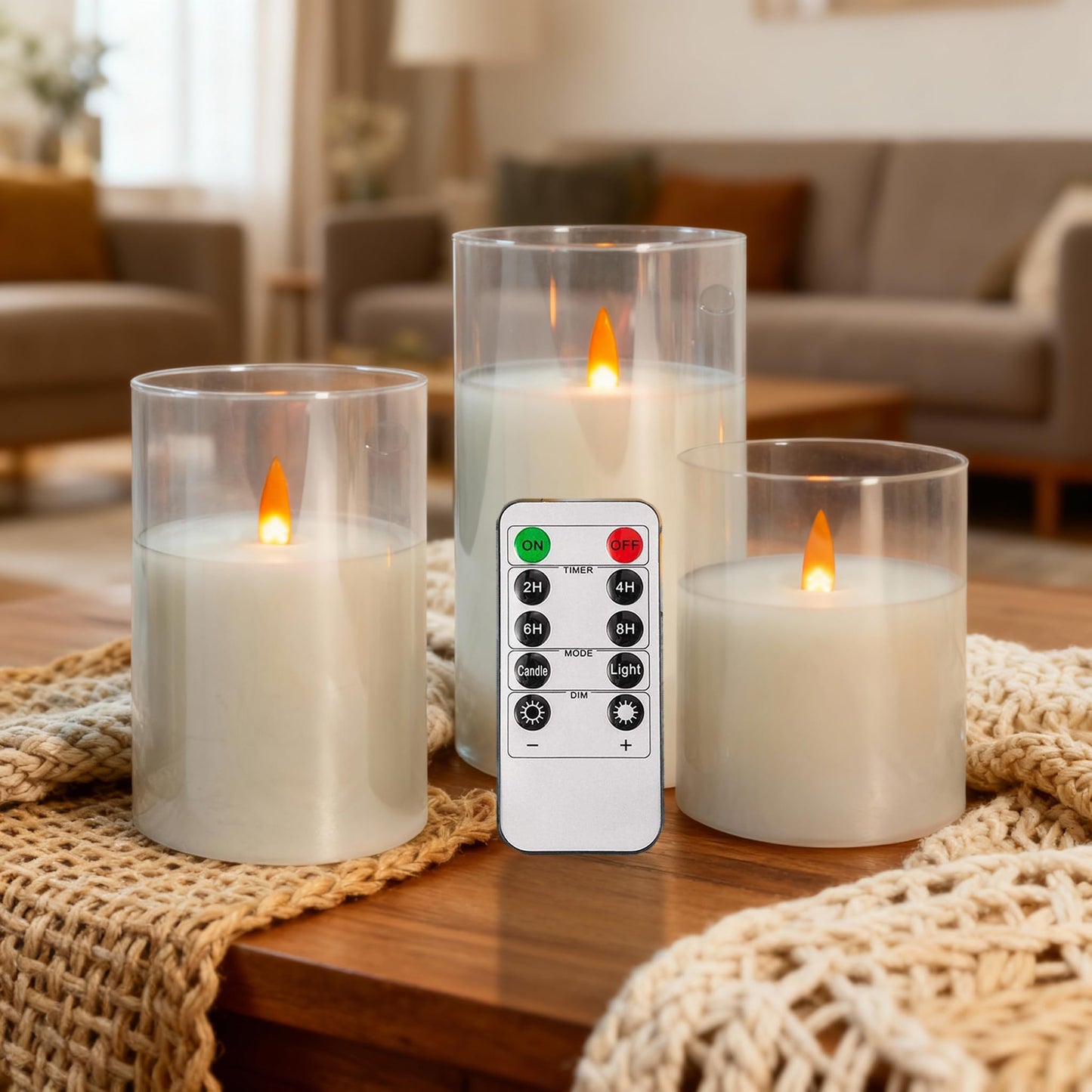 NICEME Clear Glass Flameless Candles Battery Operated with Remote Timer, Real Wax LED Pillar Candles with Flickering Flame Pure White Radiance Evanescing Fake Candles for Wedding Home Decor, Set of 3