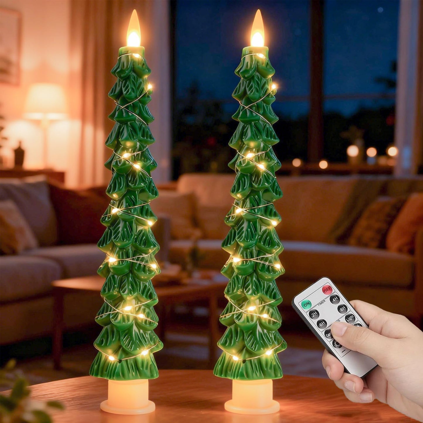 Eynshoo 2-Pack Christmas Tree Flameless LED Candles with String Lights, Realistic 3D Flickering Flame, Remote Control, Battery-Operated Christmas Decorations for Home & Holiday Display