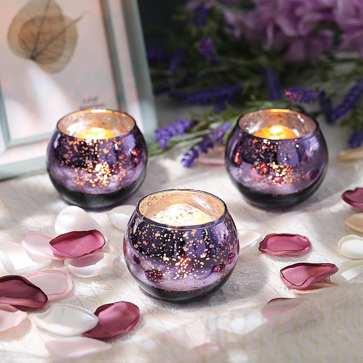 LETINE Purple Mercury Glass Votive Candle Holders - Set of 36 | Elegant Gold Tealight Candle Holders for Table Centerpieces, Spring Summer Weddings, Rehearsal Dinners, Valentine's Day Decorations