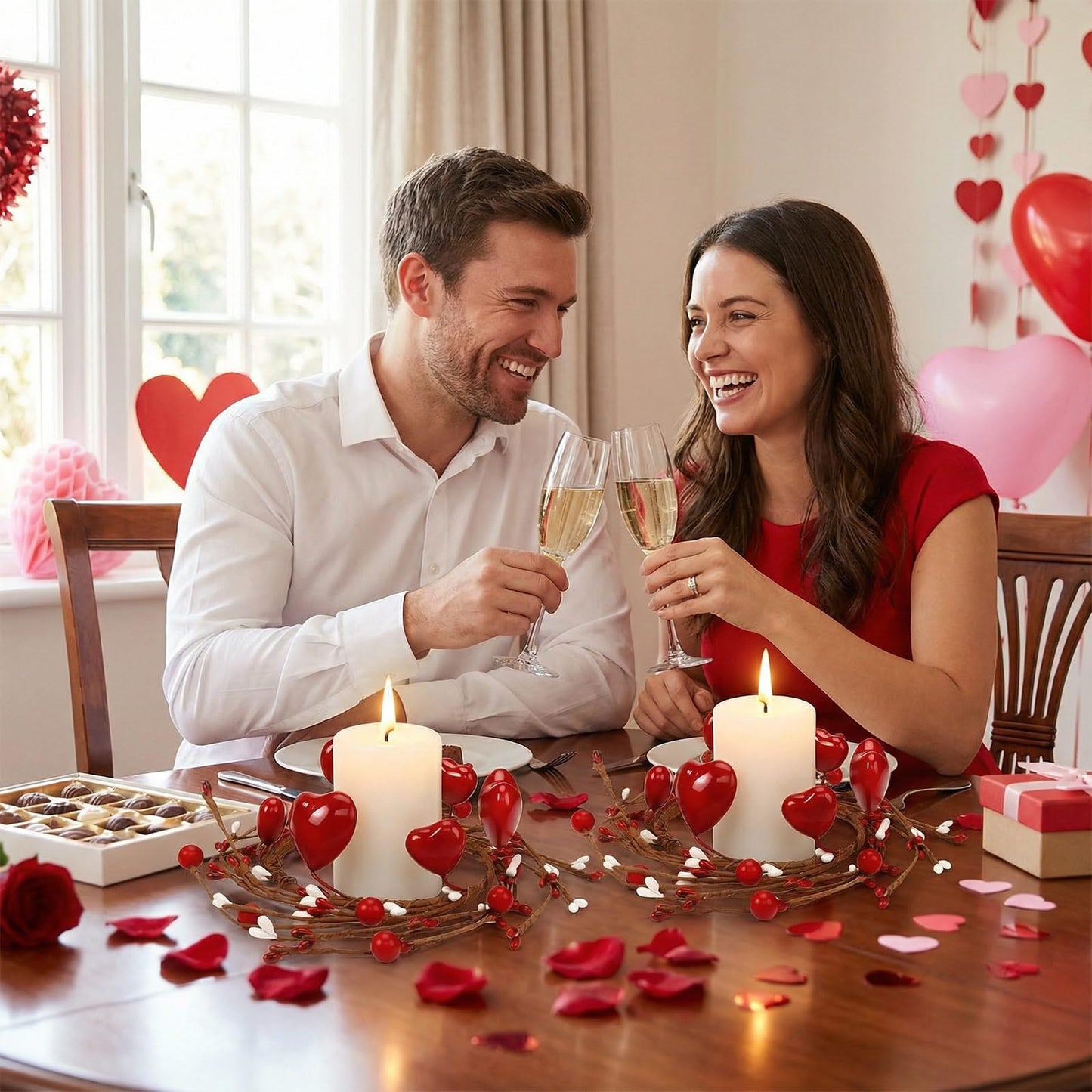 4 Pcs Valentine Candle Rings, Wreaths Red Heart and Berry Candle Holder Rings, Inner Diameter 3.2 Inch Candlestick Decoration for Valentine's Day Wedding Table Centerpieces