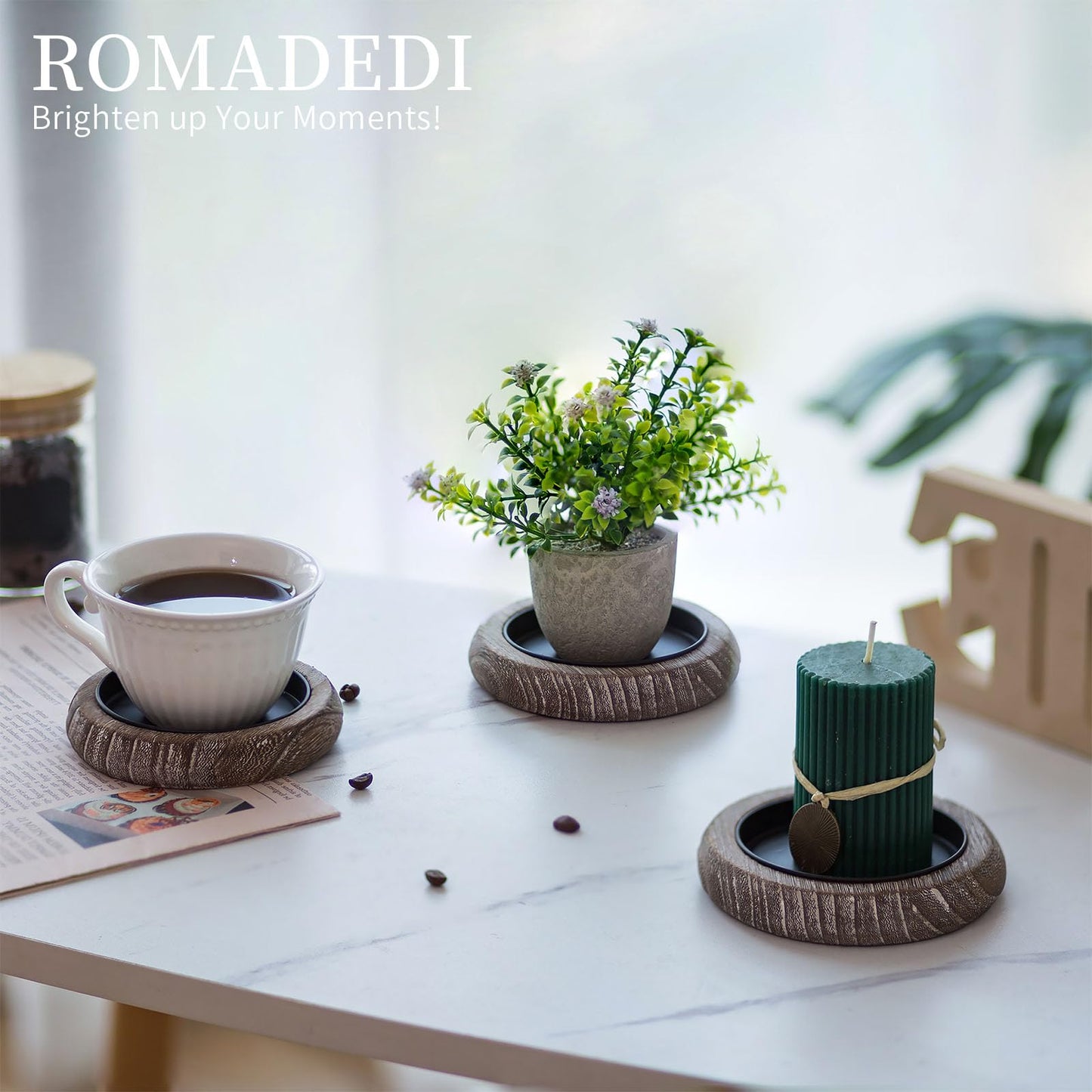 Romadedi Wood Candle Holder Farmhouse Decor - Pillar Candle Holders for Table Centerpiece Small Tray Riser Set of 4 Round Wooden Plate Pedestal Stand for Coffee Table Home Living Room, Whitewash