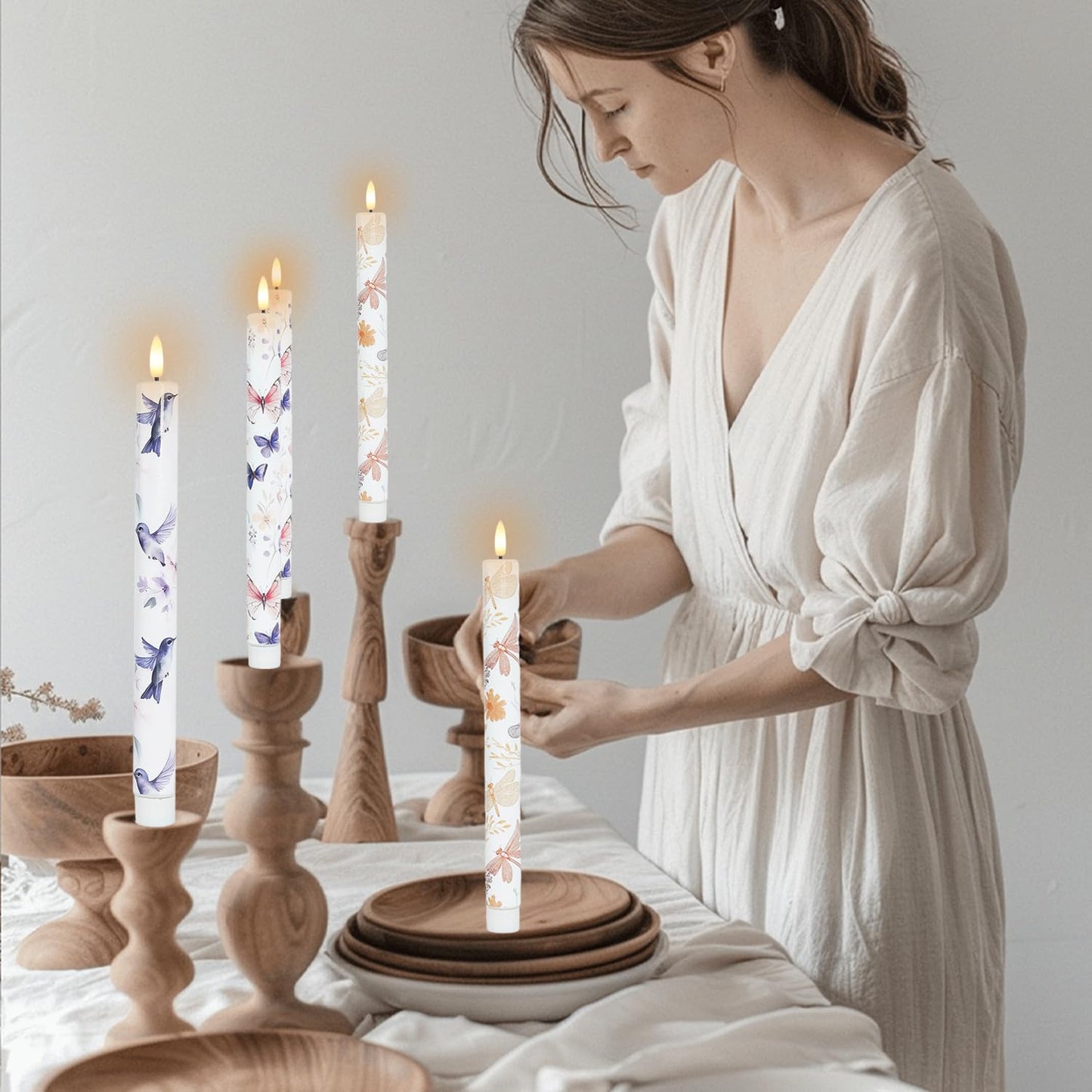 MAITREYA Flameless Taper Candles Dragonfly Butterfly Hummingbird Decor Candle Battery Operated Led Candlesticks for Wedding Party Home Table Centerpiece Christmas Halloween Gifts，10.6 Inch，6 Pcs