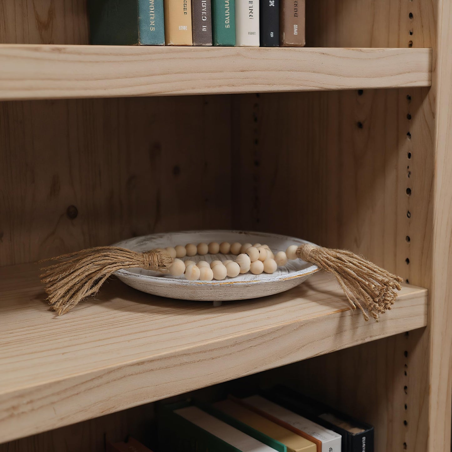 mivofo 10-inch Candle Plate Holder Tray & 30-inch Wooden Bead Garland with Tassels, Farmhouse Decorative Tray, Rustic Country Home Decor - White