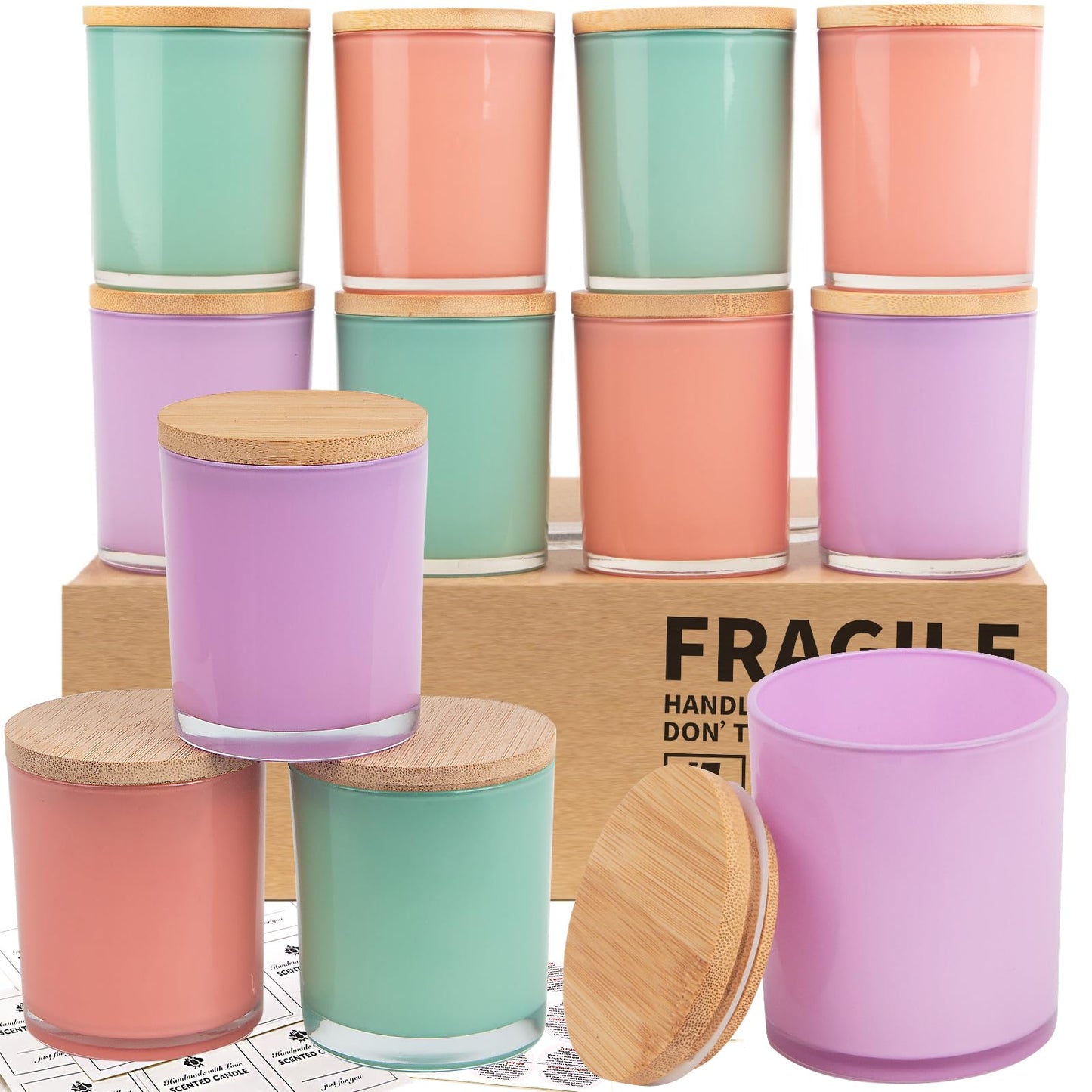 CONNOO 12 Pack 10 OZ Colorful Glass Candle Jars for Making Candles with Airtight Bamboo Lids Nice Sticky Warning Labels for Candle Making Empty Container Bulk - Dishwasher Safe