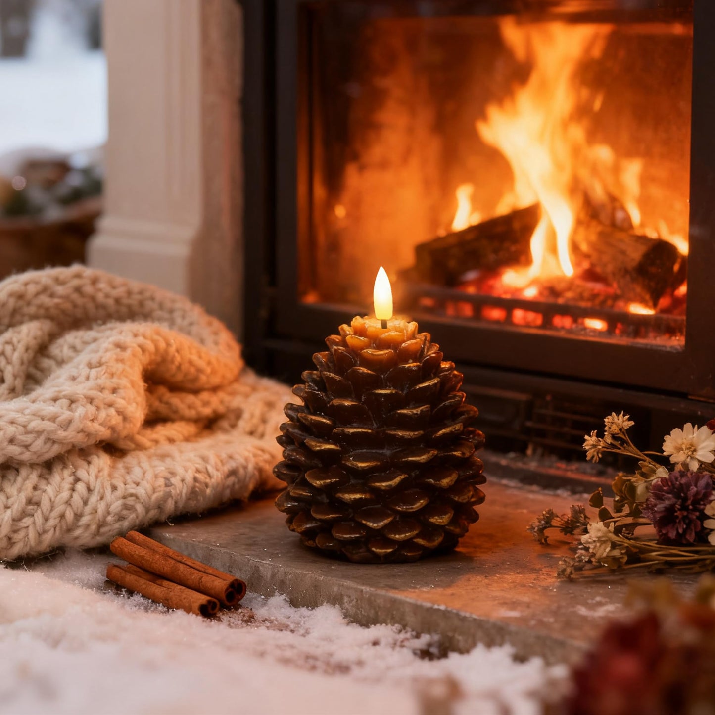 Guluto Flameless Pinecone Candles, Battery Operated Real Wax Candles, Led Flickering 3D Wick Candle with Remote and Timer for Christmas, Winter Holiday Decoration, 3.7'' x 5'' Brown
