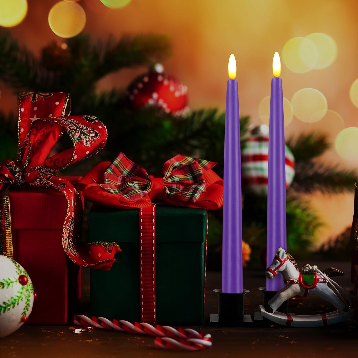 CVHOMEDECO. Flameless Taper Candles with 10-Key Remote, Battery Operated Led Flickering 3D Wick Window Candles Real Wax Finished Home Christmas Party Decor 0.78 x 11 Inch, Pack of 2, Purple