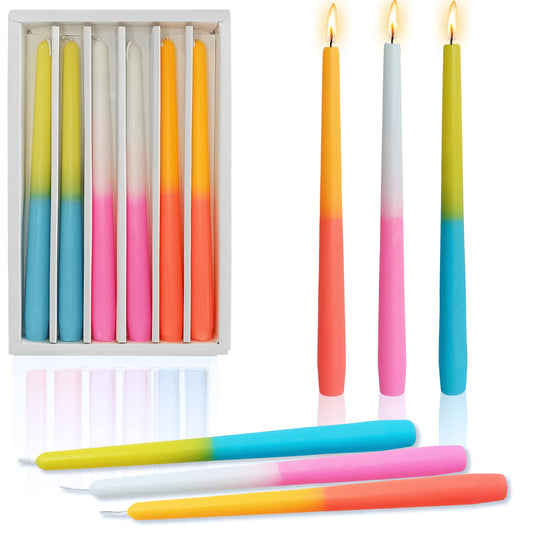 Bright Colorblock Taper Candles Set of 6, 10 Inch Handmade Candle Stick, Unscented Candlesticks, Tapered Candles for Wedding Dinner Table Home Decor Gift
