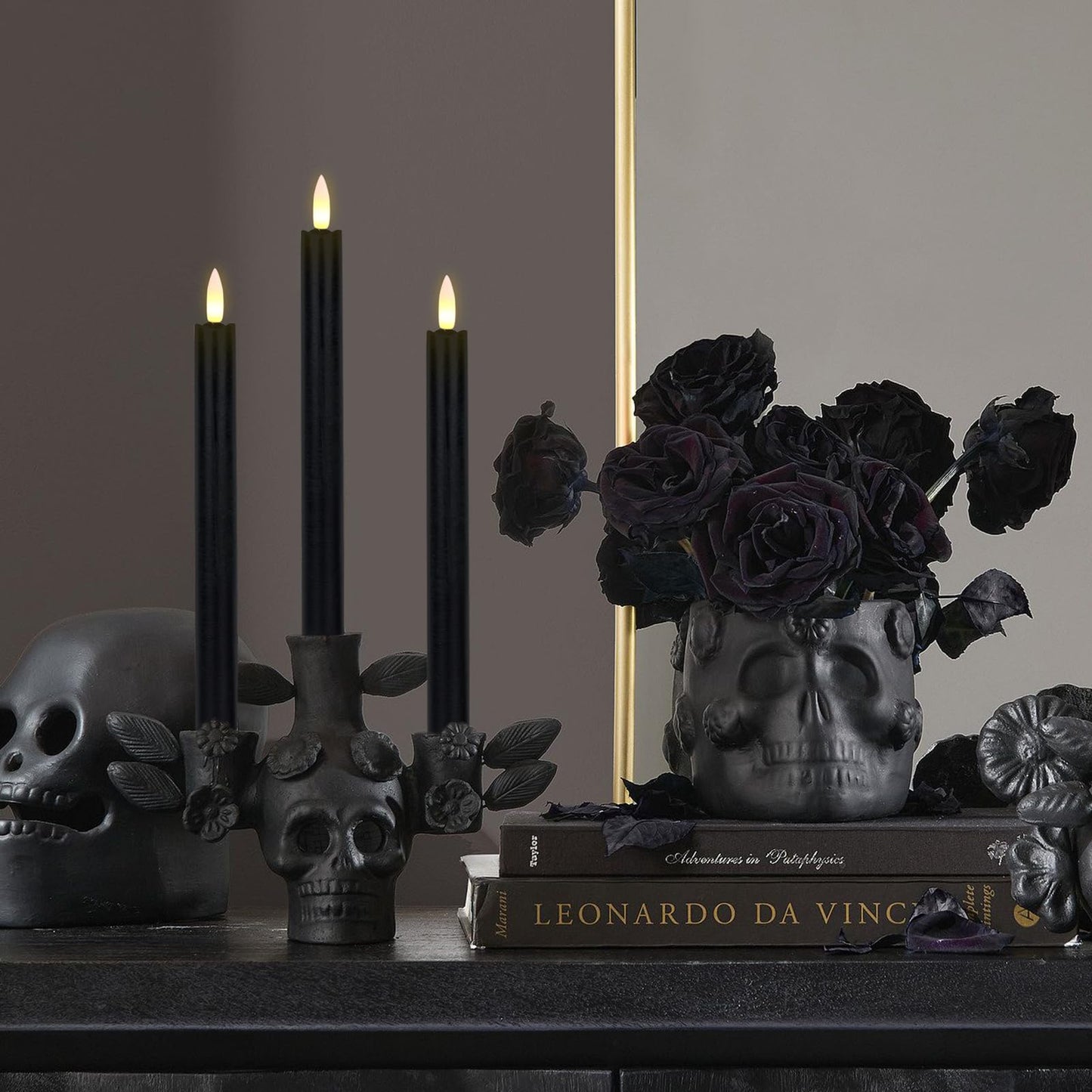 GenSwin Black Flameless Taper Candles with Remote, Halloween Flameless Candles Battery Operated, LED Halloween Candlesticks with 3D Wick for Home Decor(Set of 3, 0.78” x 9.6”)