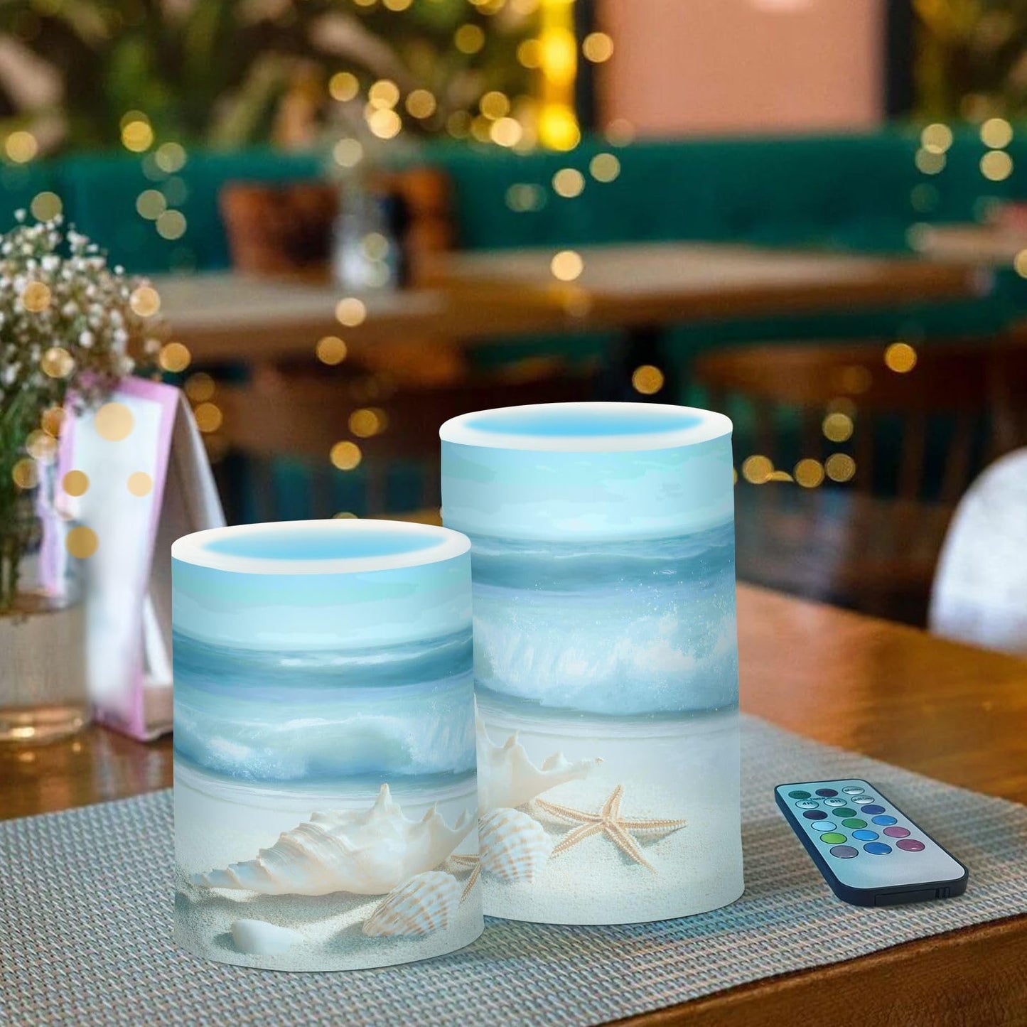 BOENLE Flickering Flameless Candles, Shells Summer Sandy Beach LED Candles with Remote Timer, Set of 2 Battery Operated Candle for Valentine Wedding Birthday