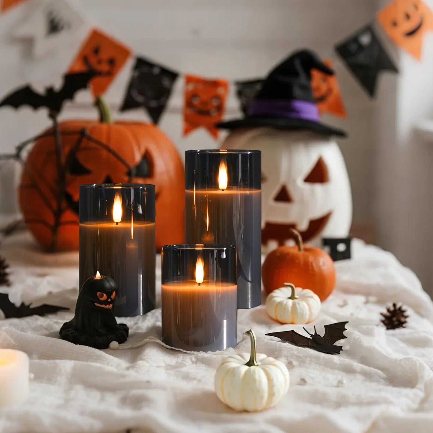 Amagic Grey Glass Flameless Candles, Halloween Battery Operated Candles, LED Pillar Candles with Remote Control and Timer, Electric Fake Candles for Holiday Spooky Decor, Wax, D3 H4 5" 6", Set of 3