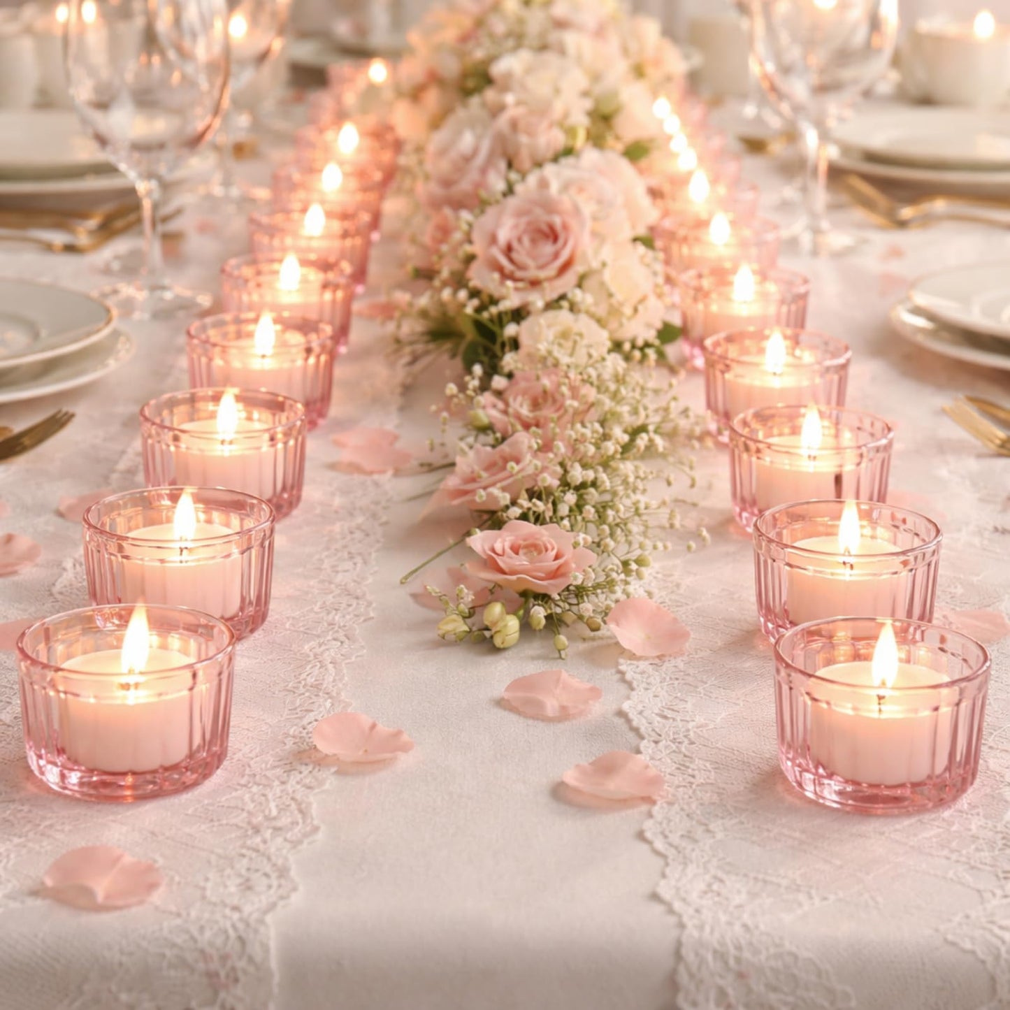 Mumufy 100 Pcs Glass Tealight Candle Holder Ribbed Votive Candle Holder for Centerpiece Wedding Proposal Spa Aromatherapy Meditation Home Decor (Pink)