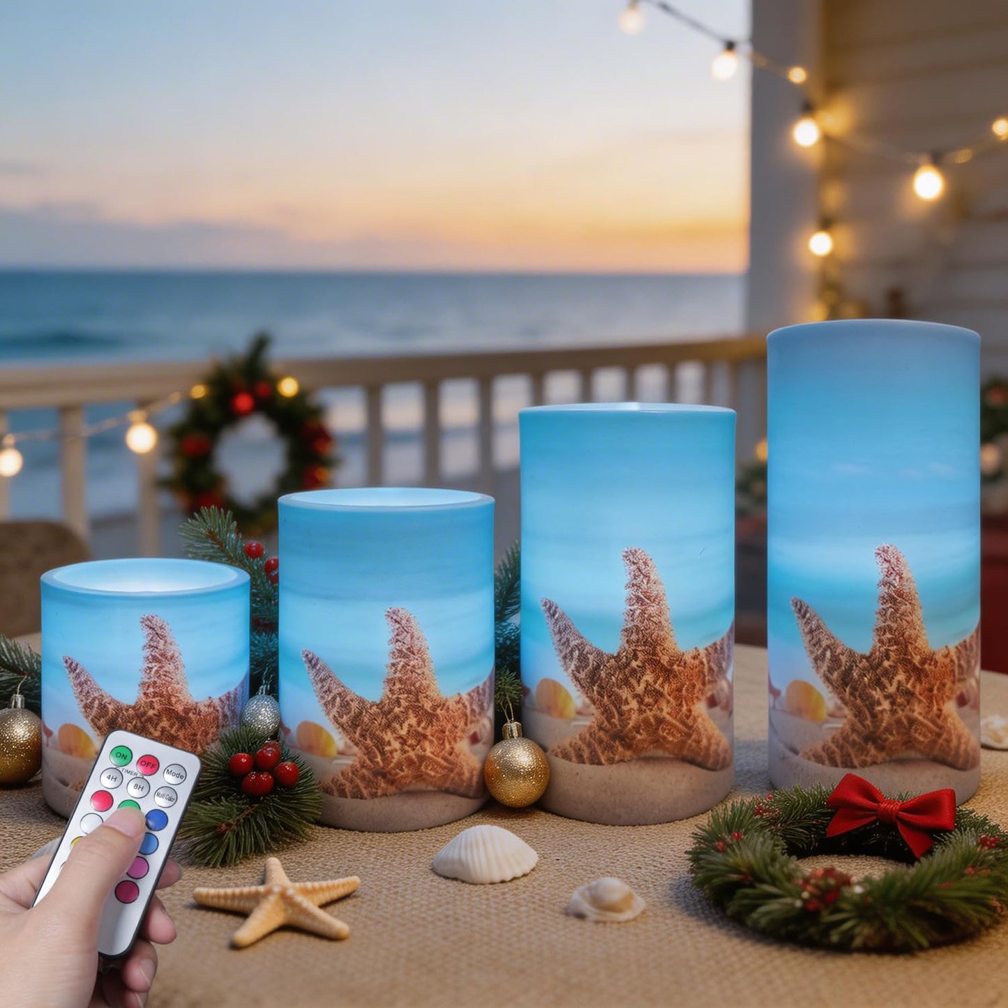 Aulaygo 4PCS Summer Starfish Flameless Candles with Timer Remote Control,LED Pillar Candles Set Battery Operated for Wedding Beach Party Holiday Home Decor