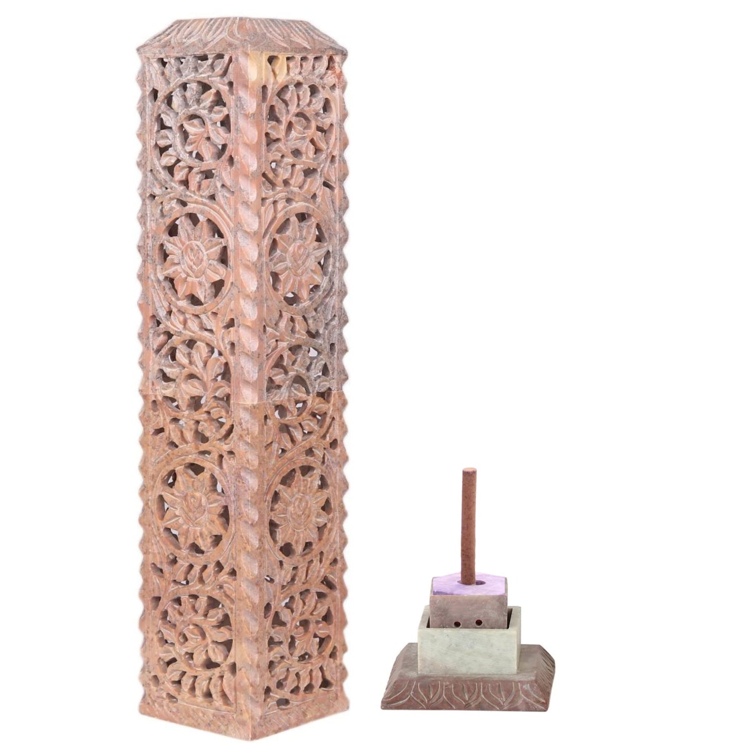 Carry Me Handmade Marble Soapstone Incense Stick Burner | Candle Stick Holder | Tea Light Stand - Floral Carving for Gifting. Decorative Incense Tower for Home and Office Decor. (3x3x11 Inches)