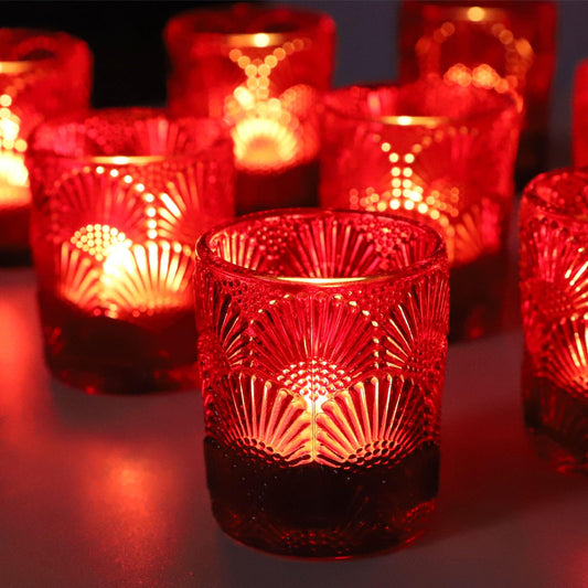 Woho Red Votive Candle Holders Set of 24 Boho Style, Ginkgo Leaves Pattern Tealight Candle Holder for Wedding Table Decor, Vintage Glass Tea Lights Candle Holder for Christmas/Vantines Day Decorations