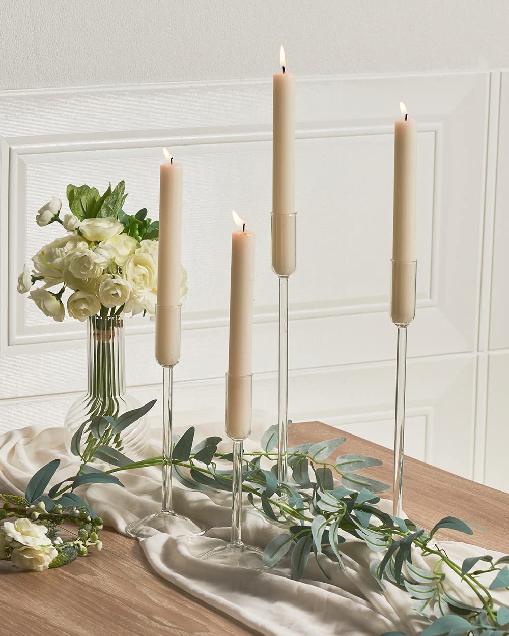 Willceka Candle Holder, Glass Taper Candle Tall Candlestick Holder, 4 Different Heights, for Table Centerpiece, Wedding, Party, Clear, 4pcs