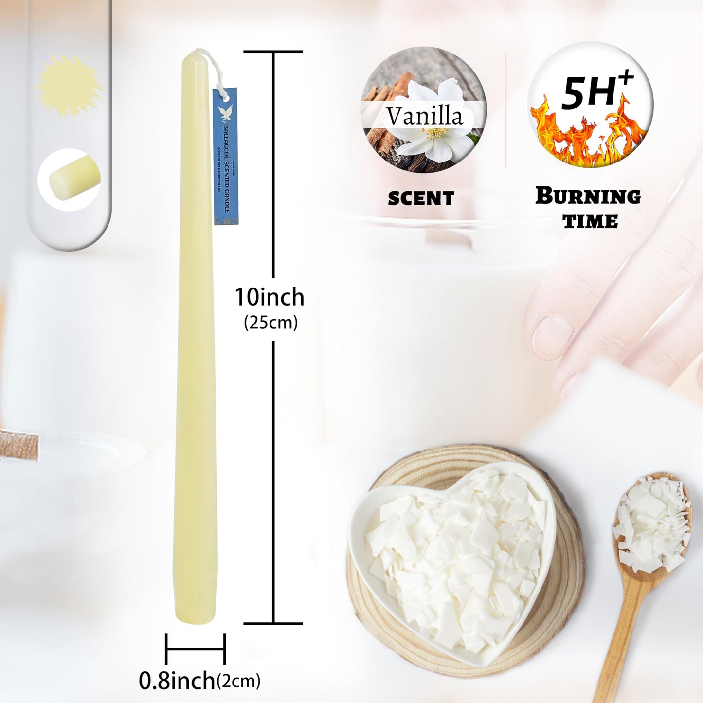 Handmade Ivory Yellow Taper Candlesticks Elegant Vanilla Scented Dripless Long Lasting Burn Candles Smokeless Aromatherapy Candles10 Inch Tall for Home Decoration Women's Gift Weddings