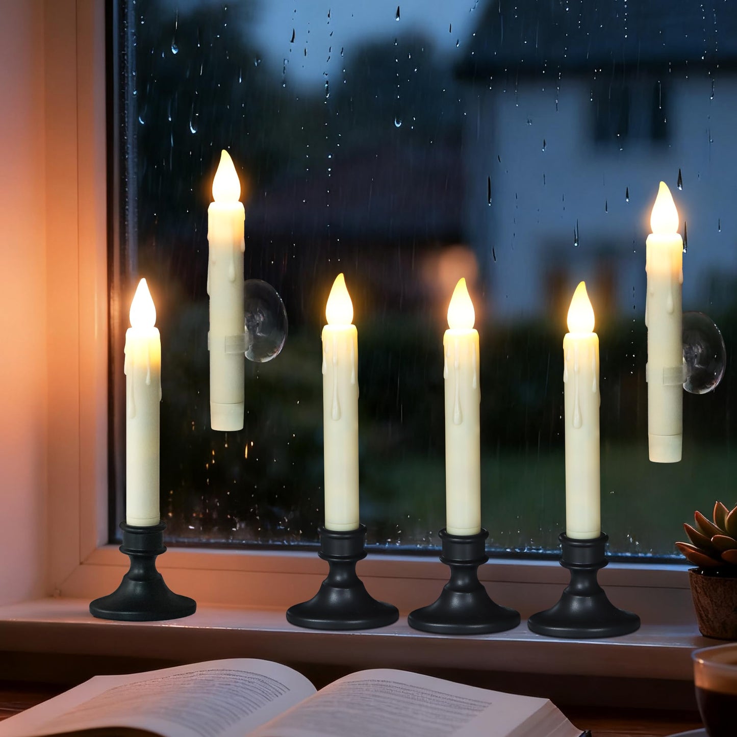 FREEPOWER Battery Operated LED Window Candles with Dusk to Dawn Sensor, Ivory Flameless Flickering Candlesticks with Suction Cups & Removable Black Base for Christmas Home Decor (6PCS)