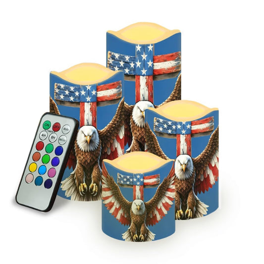 Uorisanigo Independence Day Flameless LED Candles Set of 4 with Remote Control American Flag Patriotic Battery Operated Decorative Candles Featuring Bald Eagle Stars Stripes Flickering Flame