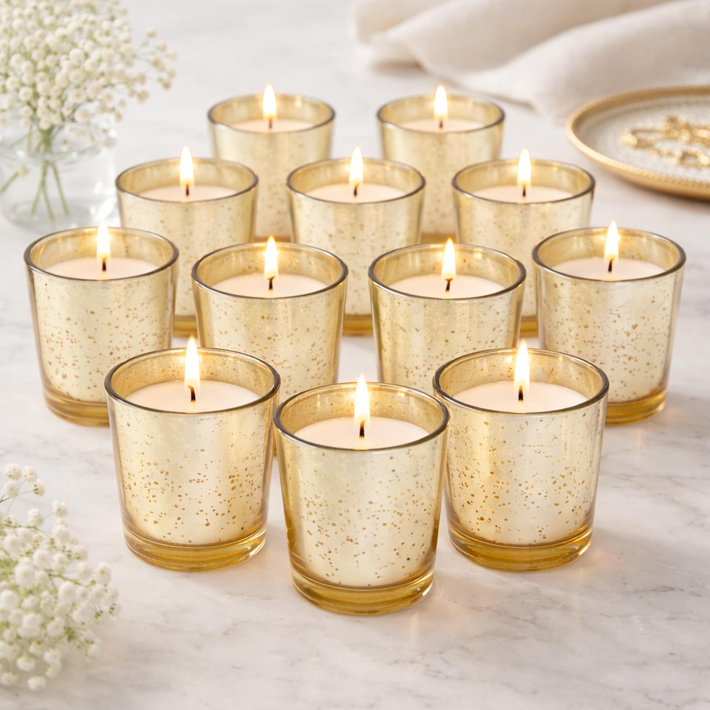 Hosley Set of 24 Gold Mercury Filled Glass Votive Candles. Ideal Gift for Weddings, Bridal Showers, Parties, Home Decor, and Special Events