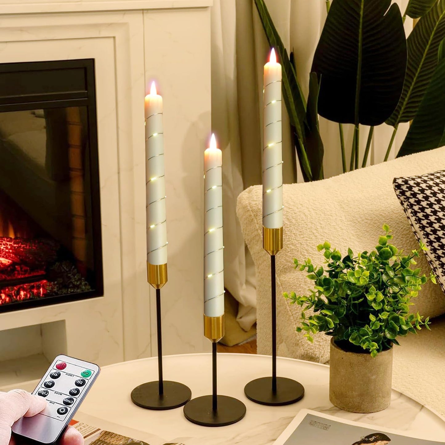 danip flameless Cone Candle, Patented Starlight String, with 11 Timing Key Remote Control, Battery Powered, Patented Simulated Flame, 6 Packs (Ivory Color)