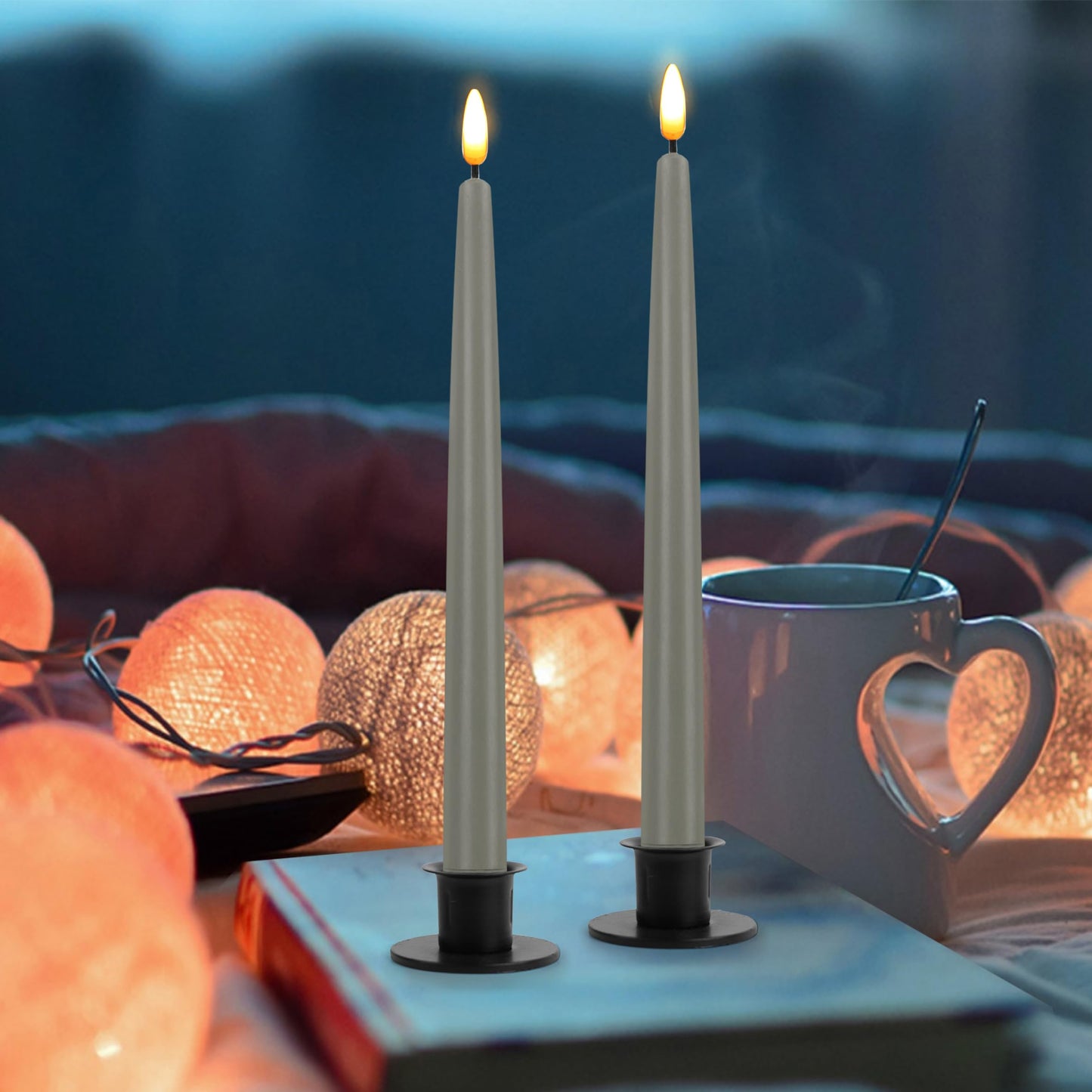 CVHOMEDECO. Flameless Taper Candles with 10-Key Remote, Battery Operated Led Flickering 3D Wick Window Candles Real Wax Finished Home Christmas Party Decor 0.78 x 11 Inch, Pack of 2, Grey