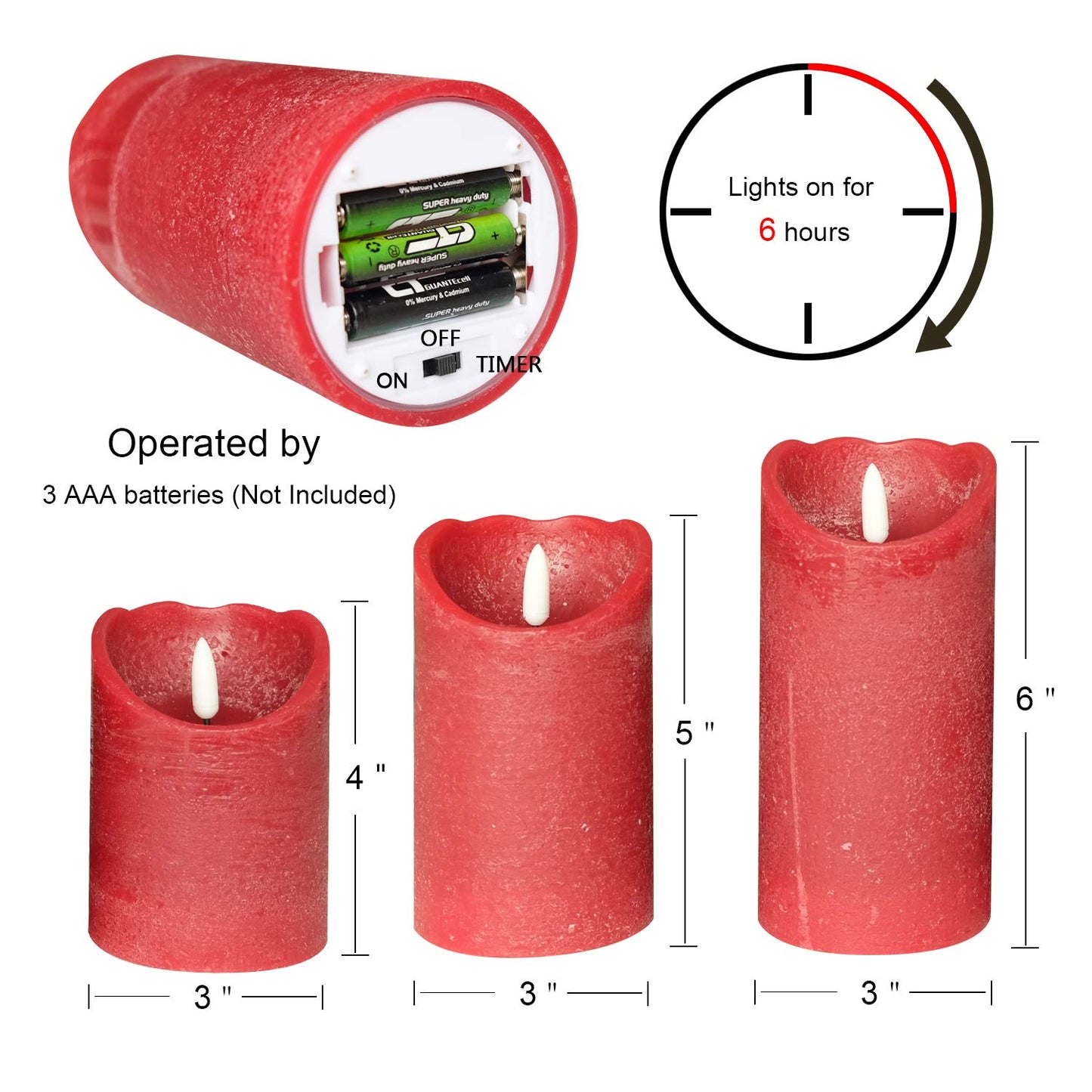Wondise Red Flameless Candles Battery Operated with Timer, 3D Wick Real Wax LED Red Pillar Candles for Home Decoration, Set of 3(3 x 4/5/6 Inches)