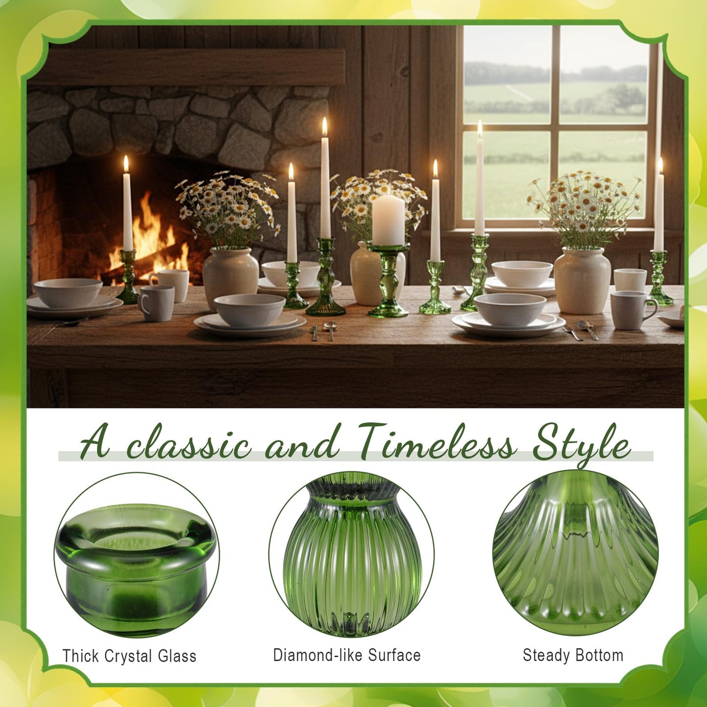 Mumufy 10 Pcs Glass Crystal Taper Candle Holders Clear Glass Candlestick Holder Fit 0.8 Inch Candles Crystal Decorative Candle Stand Centerpiece Table Wedding Dining Party (Classic,Green)