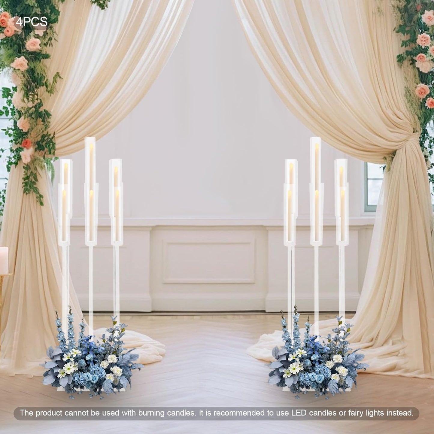 4 Set 9 Arm Acrylic Candelabra Candle Holder 42.52'' Clear Candelabra Centerpieces for Wedding, Candlesticks Holder with Lampshade Metel Mirror Base for Wedding Christmas Dinner Party Decor