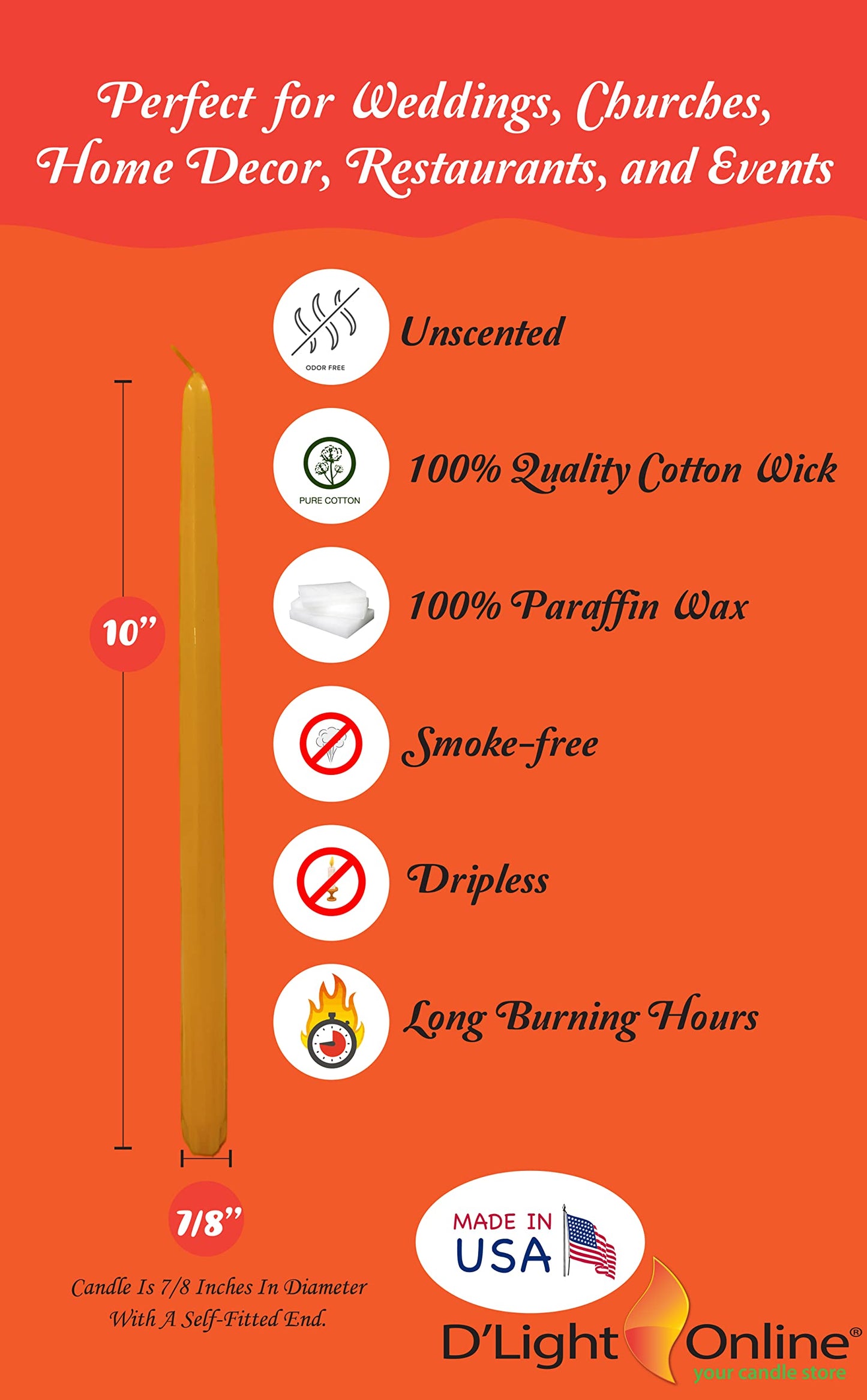 D'light Online 10" Autumn Yellow Elegant Taper Candles Premium Quality Candles, Unscented, Hand-Dipped Tapered Candles, Dripless and Smokeless - Set of 12 Individually Wrapped (10 Inch, Autumn Yellow)