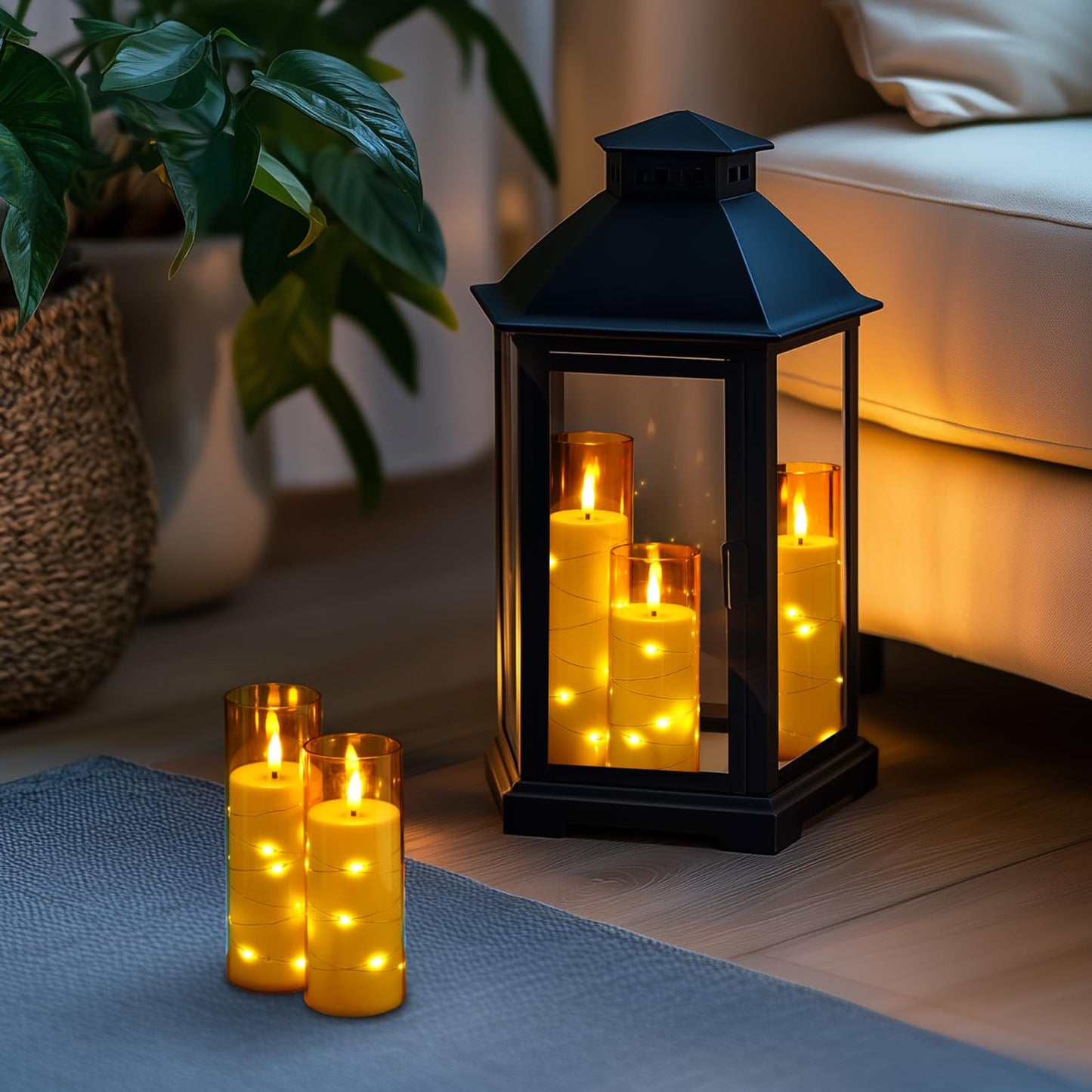 Homemory Flameless LED Candle with Embedded Star String Lights, Fake Candles with Remote Control & Timer, Battery Operated Candles, Amber, Set of 5