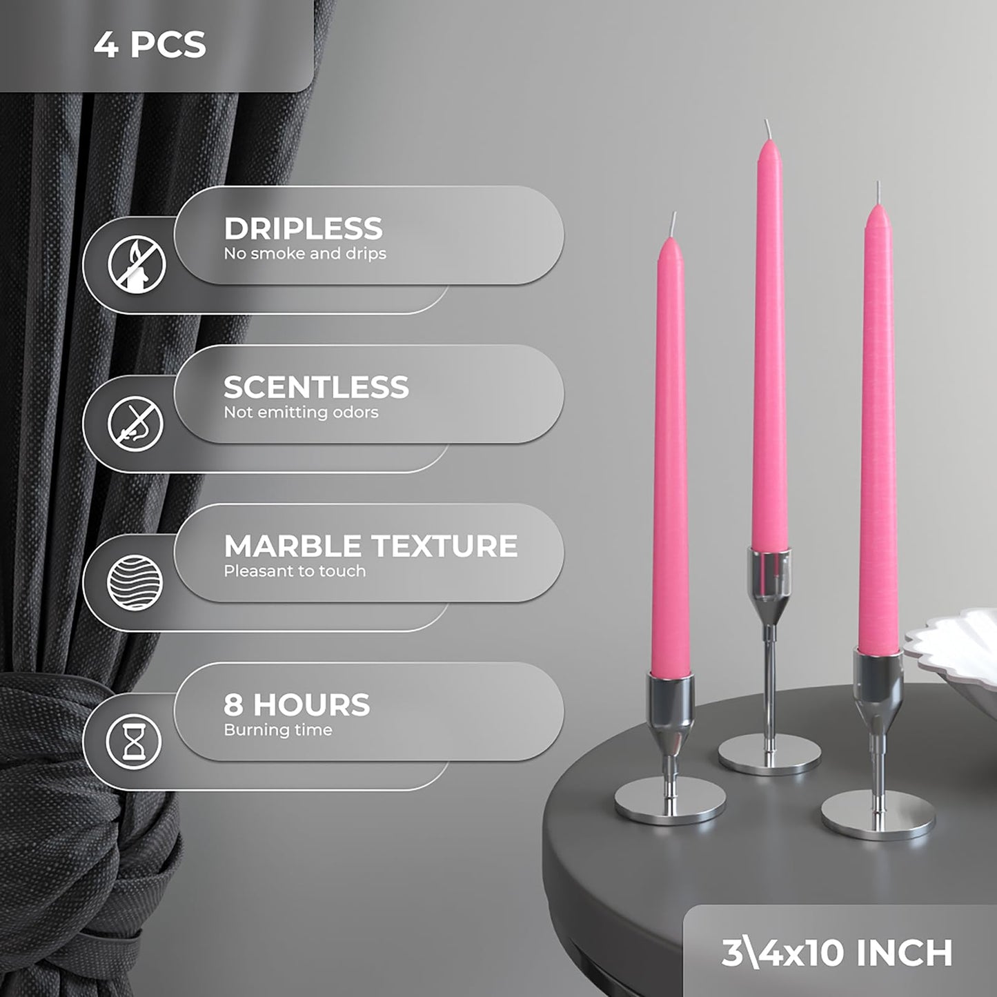 CANDWAX 10 inch Pink Taper Candles Set of 4 - Unscented Smokeless Dripless Tall Candle Sticks - Perfect as Easter Candles and for Holidays, Ordinary Dinners and Special Occasions - Pink Candlesticks
