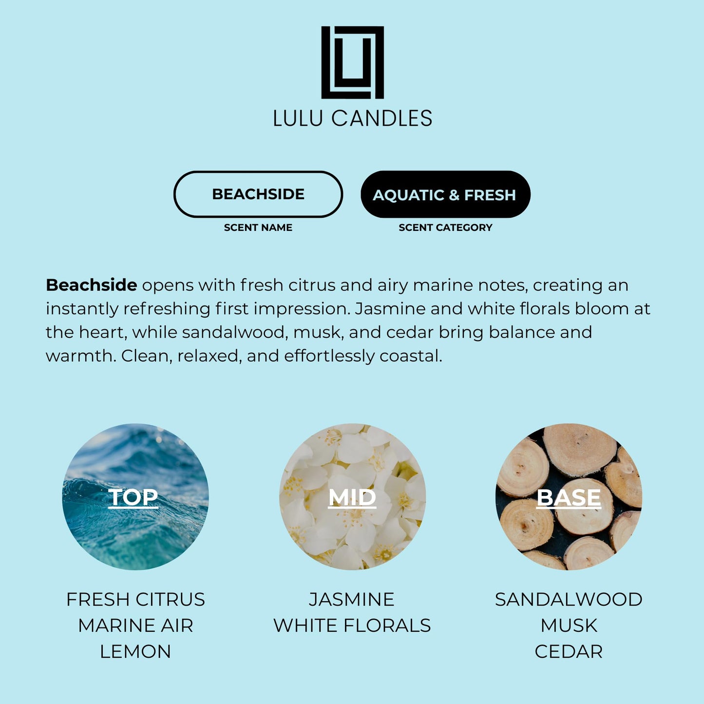 Lulu Candles | Beachside | Smells Fresh & Clean | Luxury Scented Soy Jar Candle | Hand Poured in The USA | Highly Scented Long Lasting (9 Oz.)