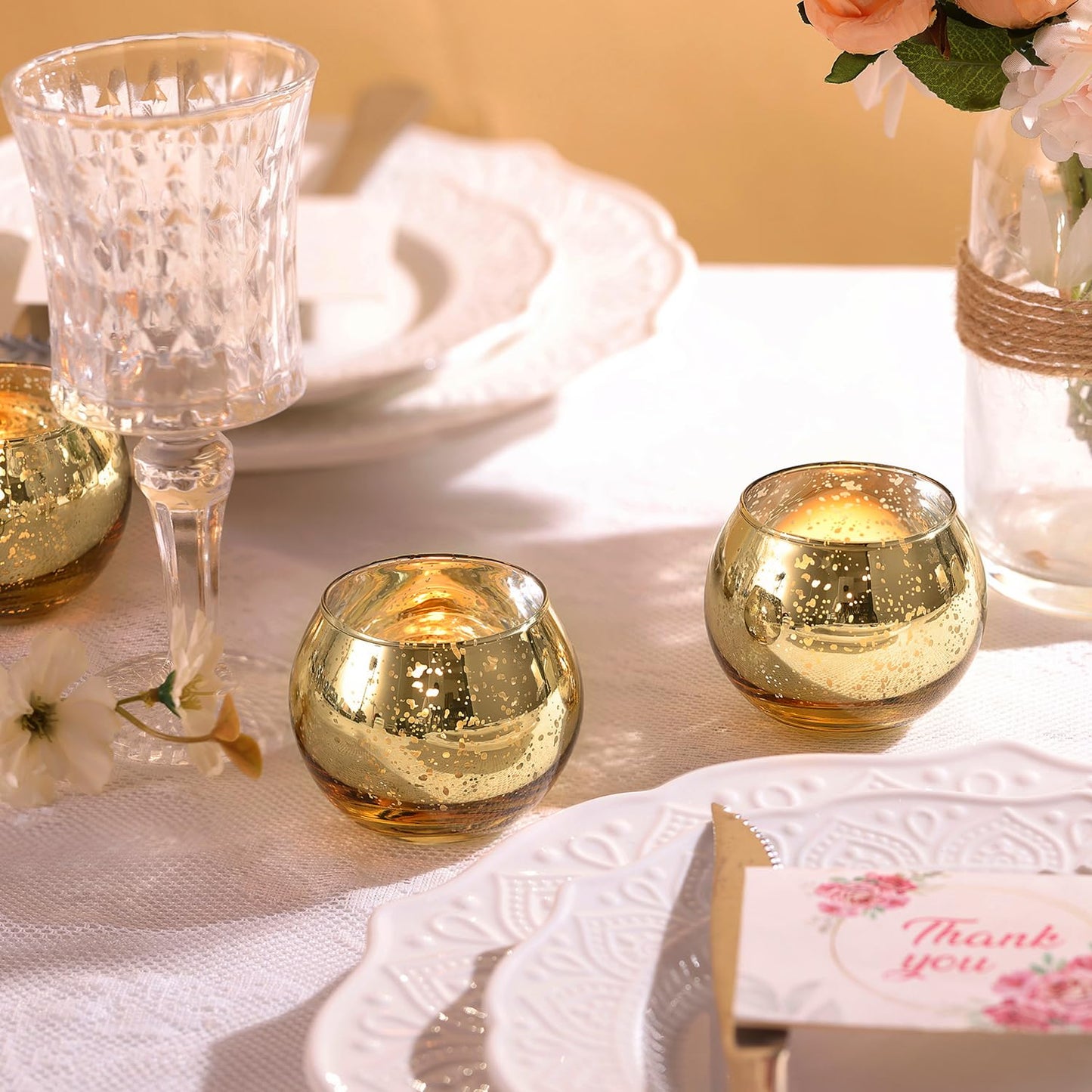 LAMORGIFT 24 Pcs Gold Votive Candle Holders -Gold centerpieces for Wedding Table Decor, Mercury Tealight Candle Holder for Bridal Shower, Engagement, Birthday Party Decorations