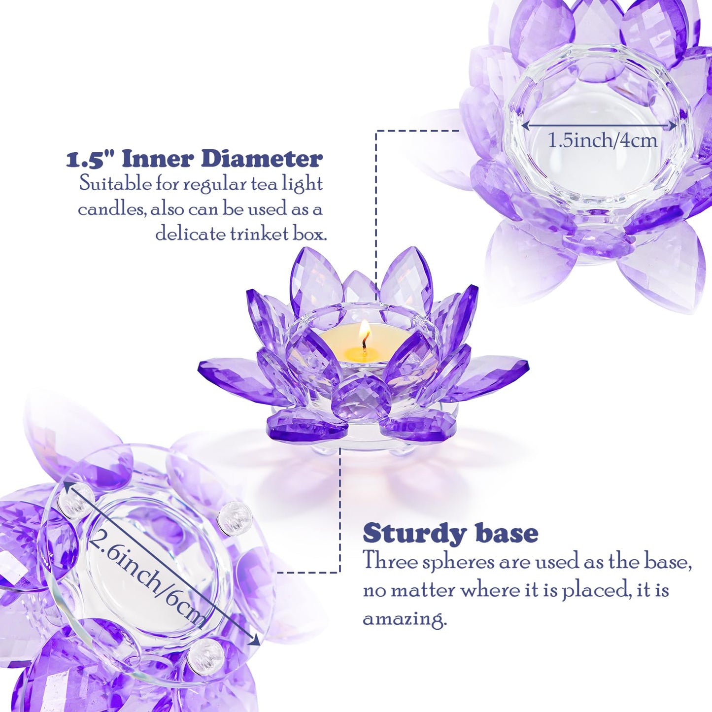 Kolnlala 2 Pcs Purple Crystal Lotus Flower Tealight Candle Holder | Glass Votive Candlestick Decor for Home, Wedding, Party & Christmas Table Centerpieces