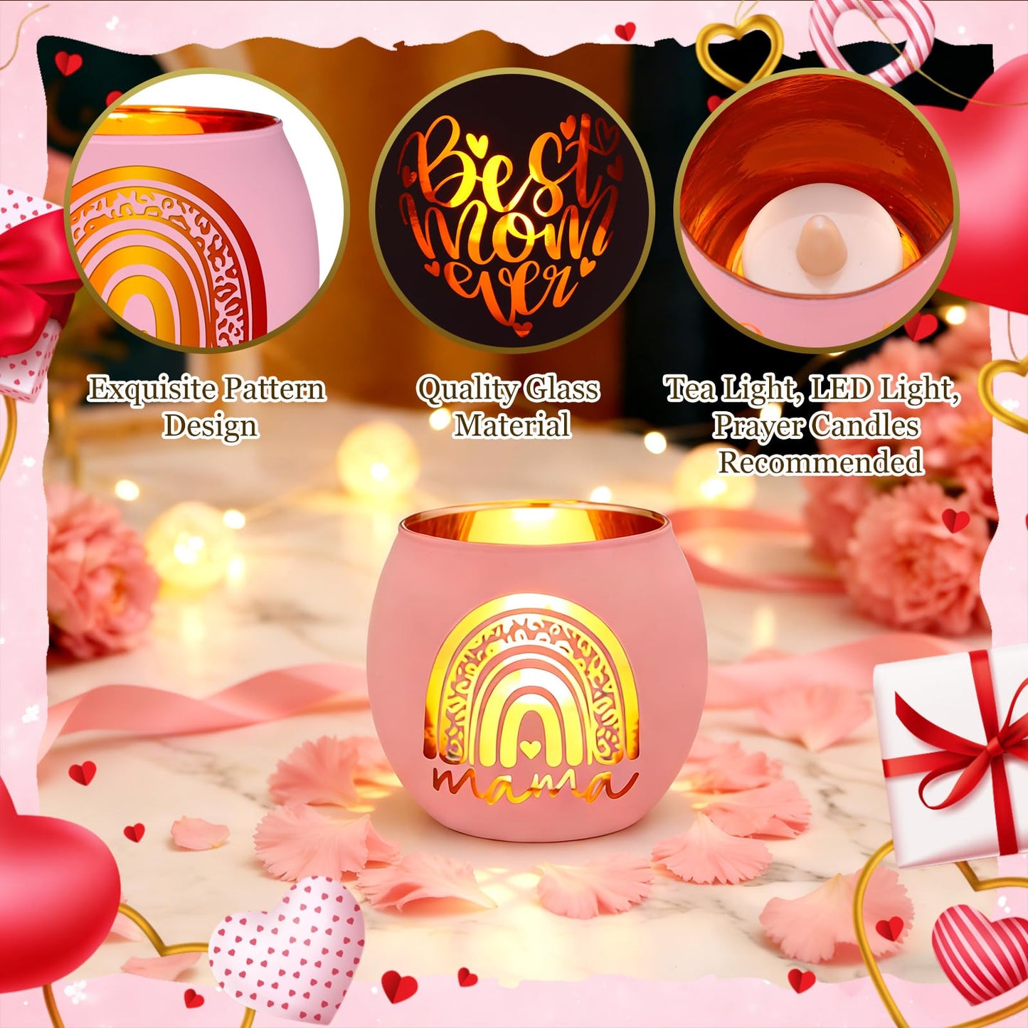 FoldTier 6 Pcs Best Mom Ever Gifts Candle Holders Rainbow Love Mum Home Decor for Candle Pink Mama Tealight Votive Holder for Birthday Party Centerpiece Mother's Gift for Birthday, Anniversary, Thanks