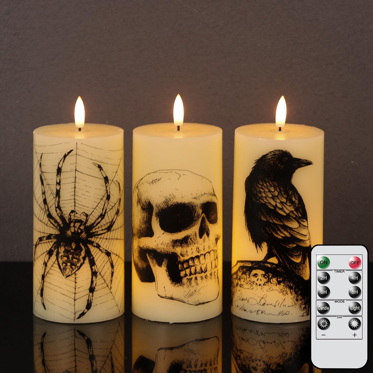 Lasumora Halloween Decorations Flameless Candles with Remote Timer - Skull, Spider Web, Crow Raven Decals Set of 3, Battery Operated Halloween Decor Indoor LED Candle Horror Gothic Punk Real Wax