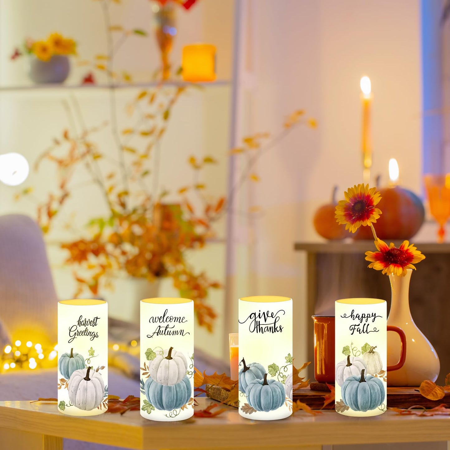 Tiamon 4 Pack Fall Led Candles with Remote - Blue Pumpkin Flameless Candles - Autumn Battery Operated - Warm Light Flickering - Harvest, Thanksgiving Table Decorations, Gift