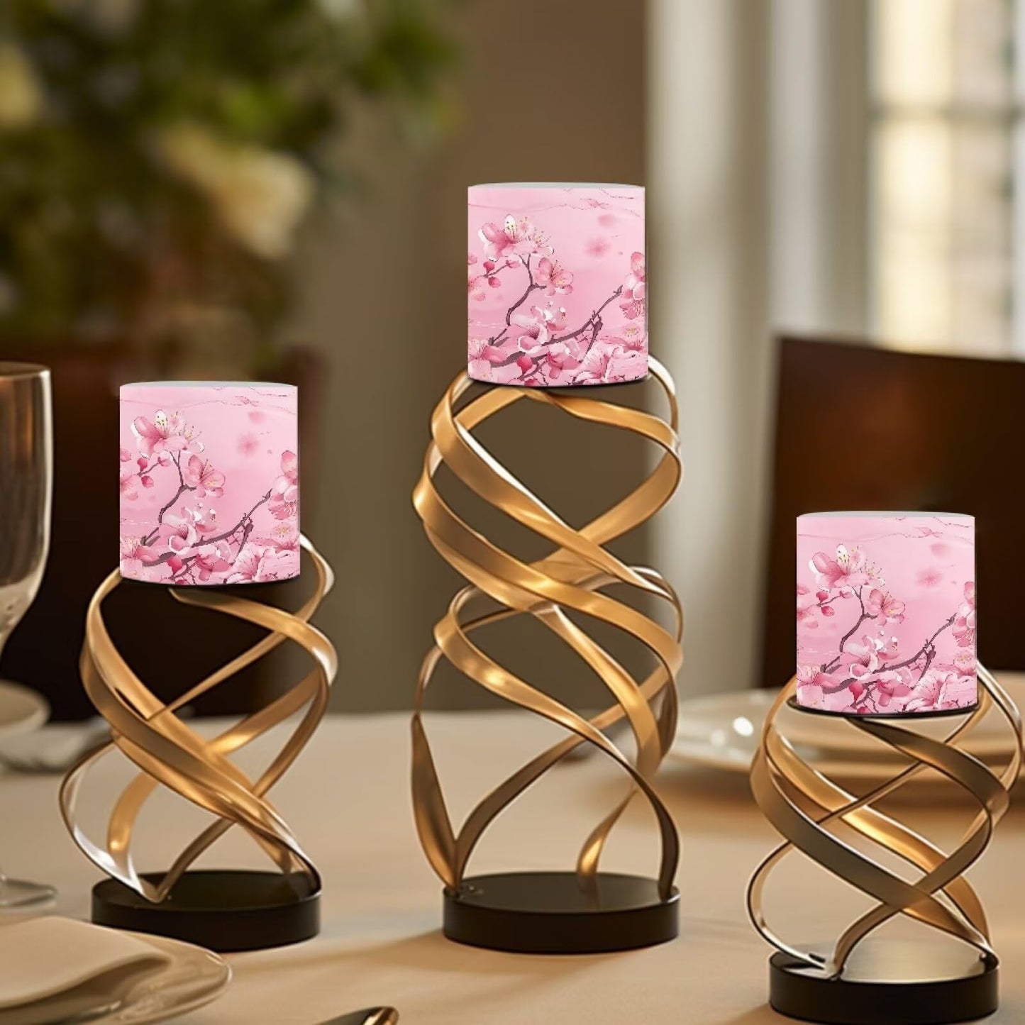 NETILGEN 3 inch Decorative Flameless LED Candles with Remote Control Timer Set of 4 Battery Operated Candles Pink Plum Blossom for Wedding Party Decor