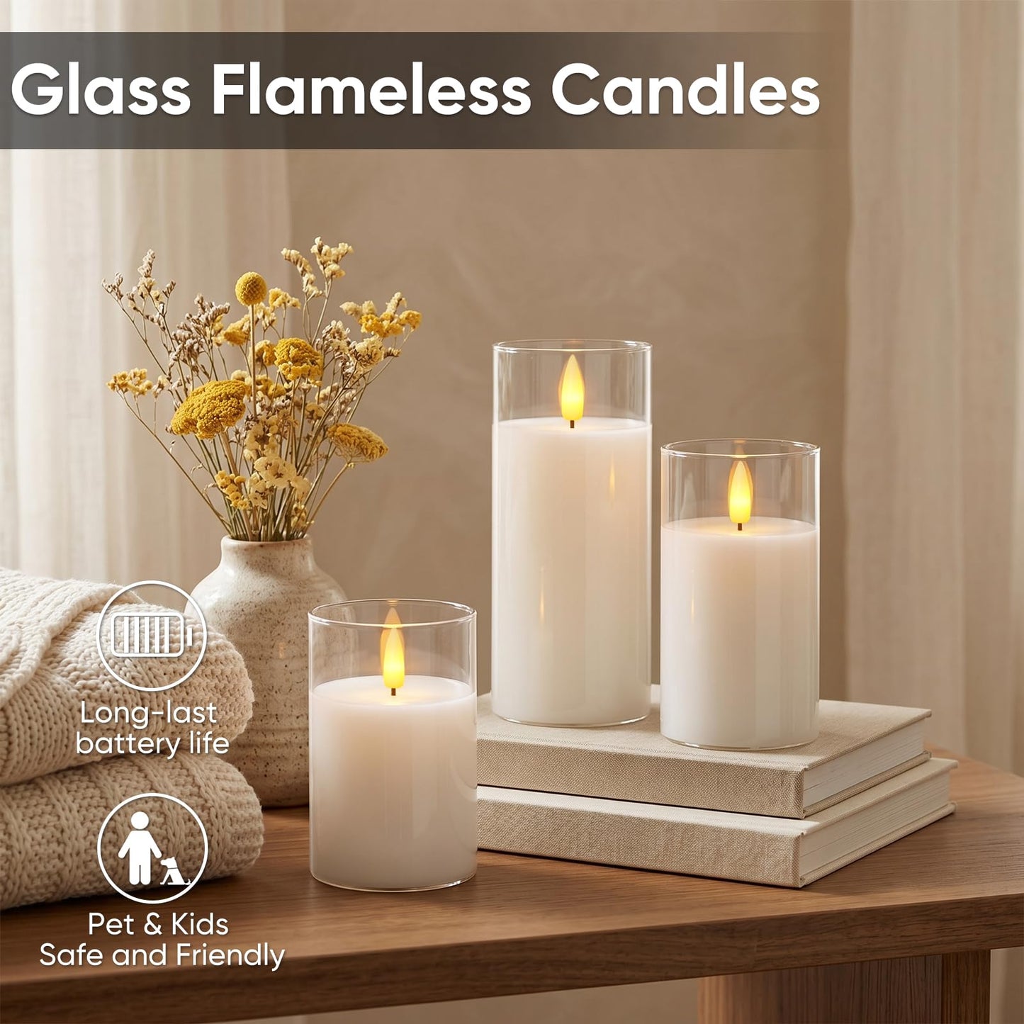 5plots Glass Battery Operated White Flameless Candles with Remote Timer, 3D Wick Real Wax Pillar Led Candles Warm Flickering Light for Indoor Home, Halloween, Christmas Decor, Set of 3, D3 x H4 5" 6"